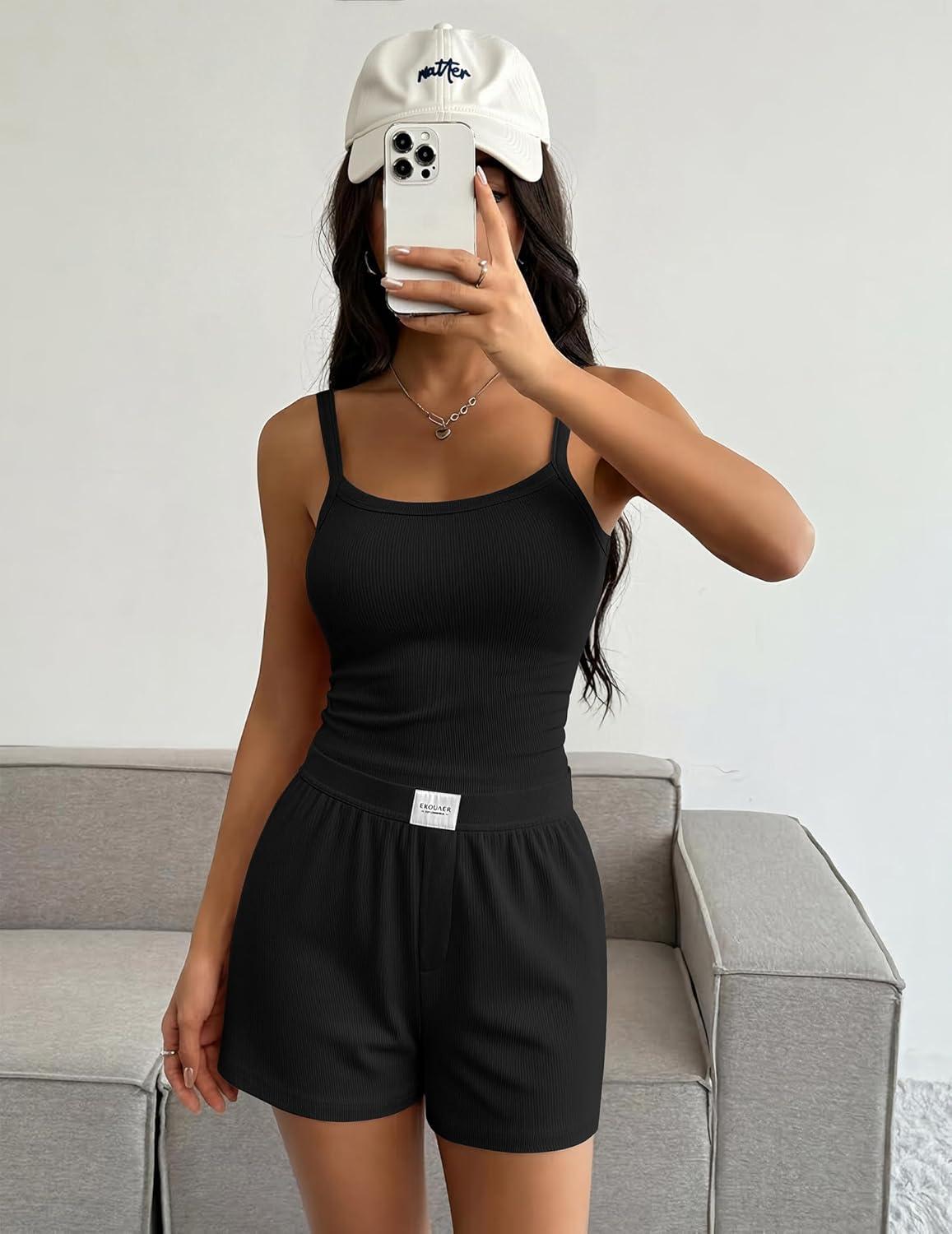 imageEkouaer Lounge Sets for Women 2 Piece Sleeveless Pajamas Sets Knit Casual Summer Cami Tank Tops and ShortsBlack