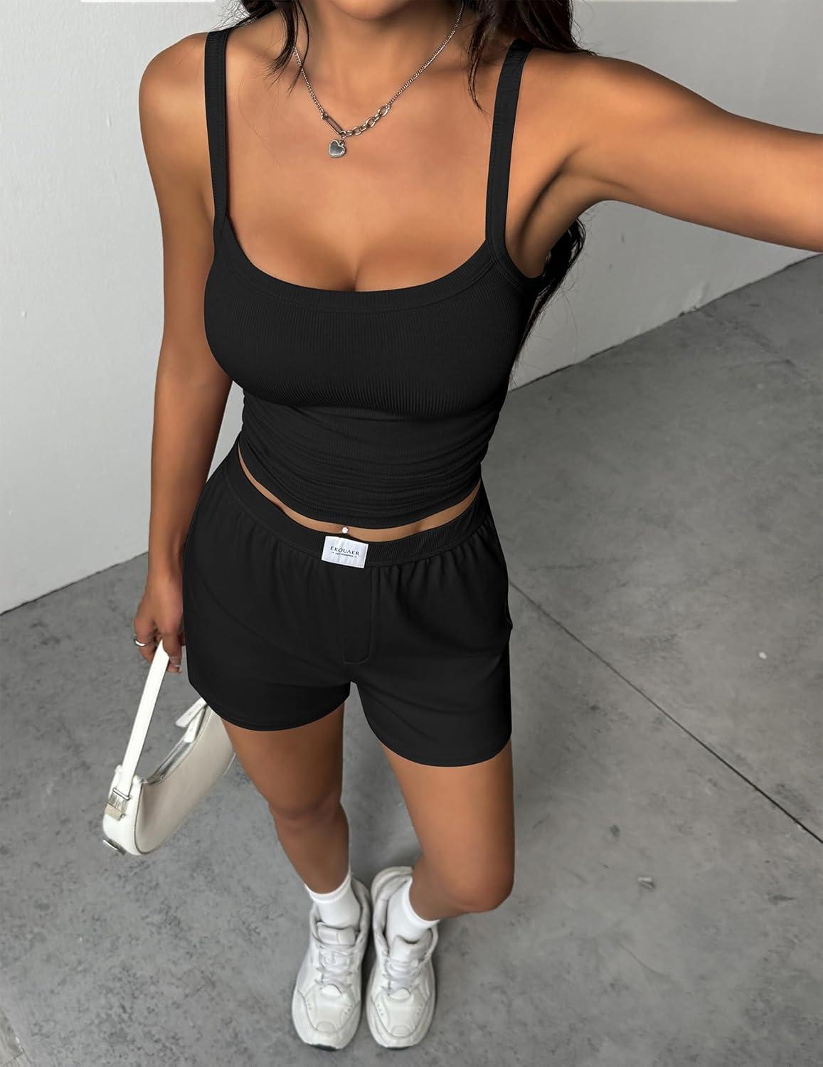 imageEkouaer Lounge Sets for Women 2 Piece Sleeveless Pajamas Sets Knit Casual Summer Cami Tank Tops and ShortsBlack