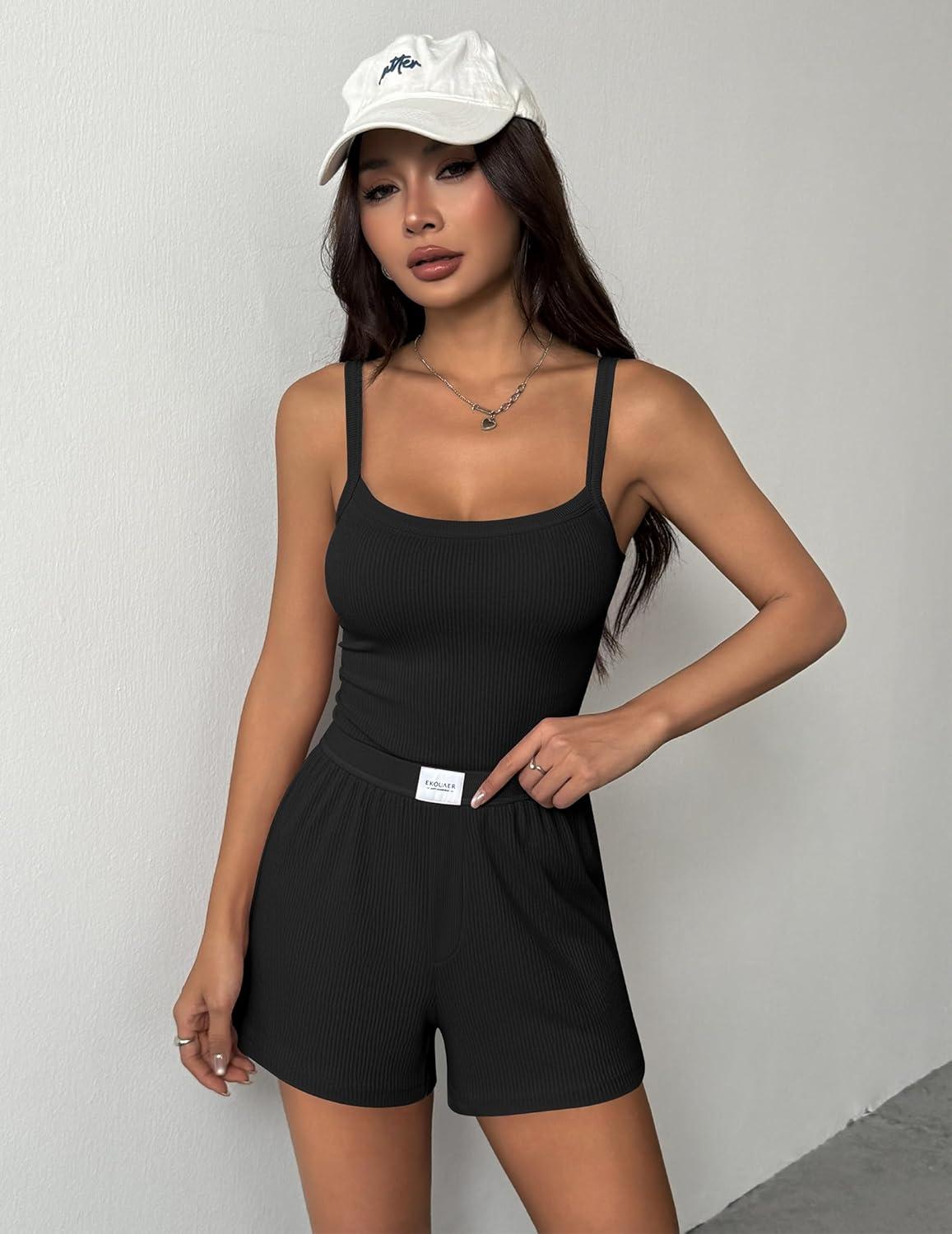 imageEkouaer Lounge Sets for Women 2 Piece Sleeveless Pajamas Sets Knit Casual Summer Cami Tank Tops and ShortsBlack