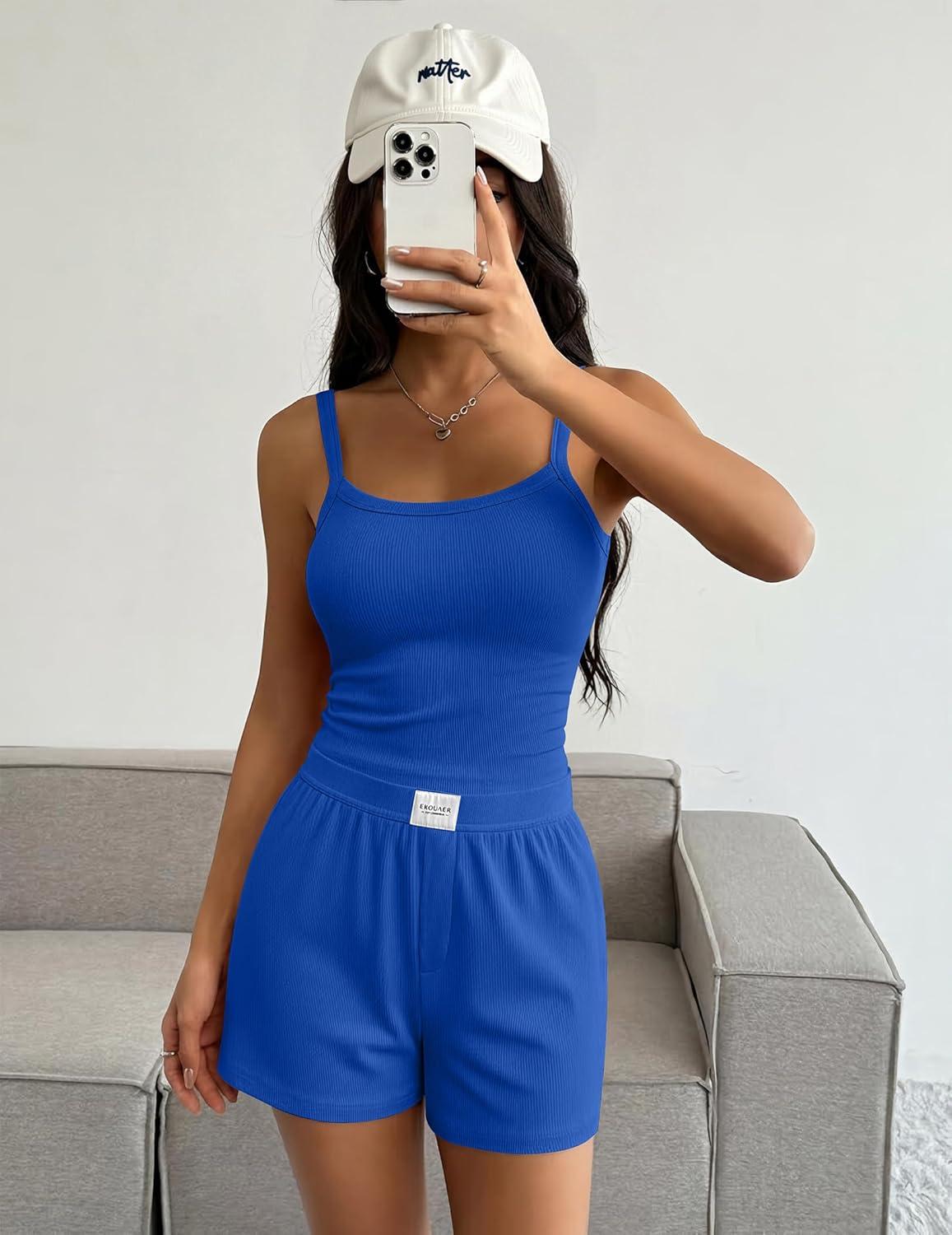 imageEkouaer Lounge Sets for Women 2 Piece Sleeveless Pajamas Sets Knit Casual Summer Cami Tank Tops and ShortsBlue