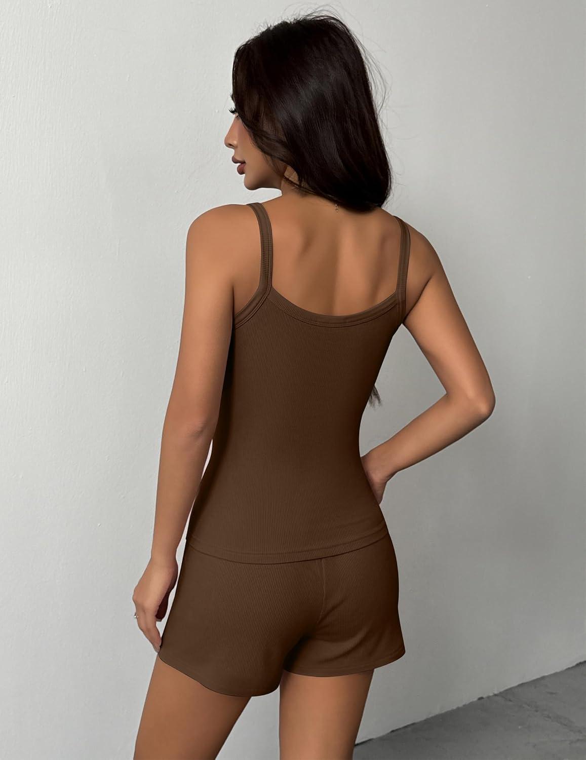 imageEkouaer Lounge Sets for Women 2 Piece Sleeveless Pajamas Sets Knit Casual Summer Cami Tank Tops and ShortsBrown
