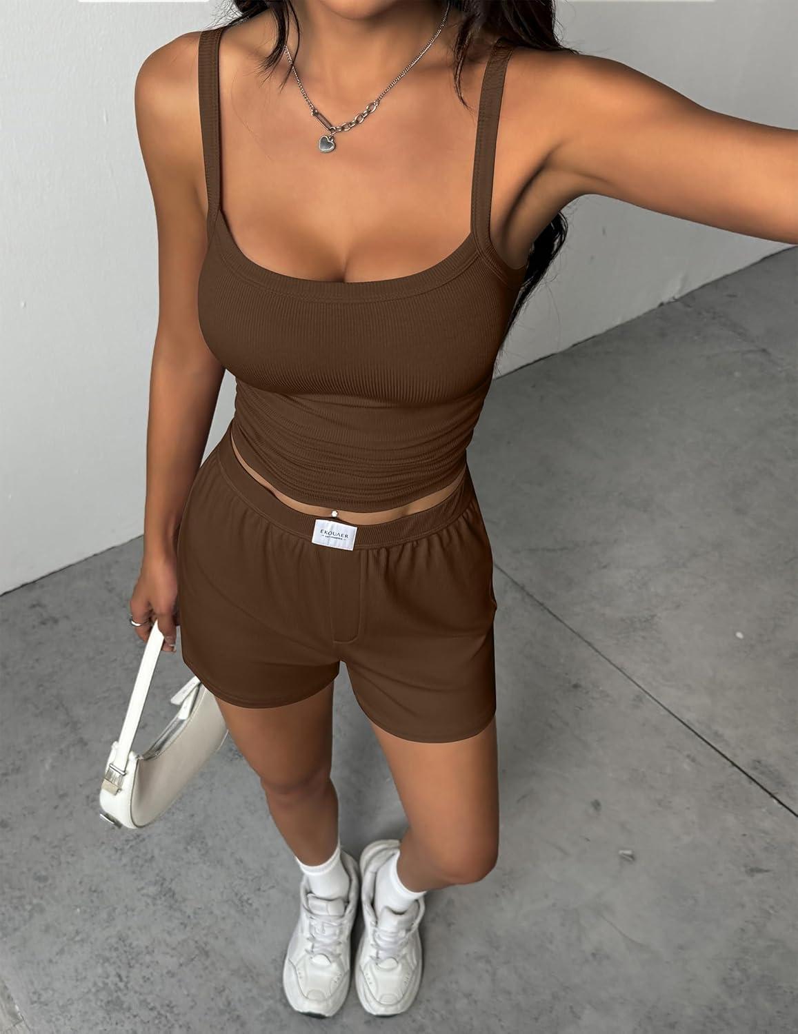 imageEkouaer Lounge Sets for Women 2 Piece Sleeveless Pajamas Sets Knit Casual Summer Cami Tank Tops and ShortsBrown