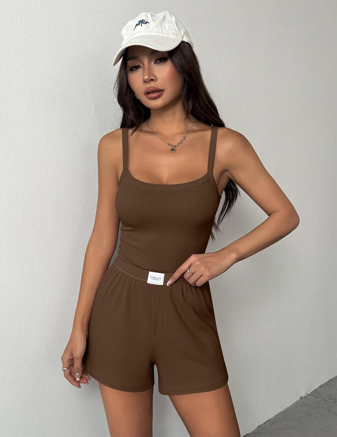 imageEkouaer Lounge Sets for Women 2 Piece Sleeveless Pajamas Sets Knit Casual Summer Cami Tank Tops and ShortsBrown