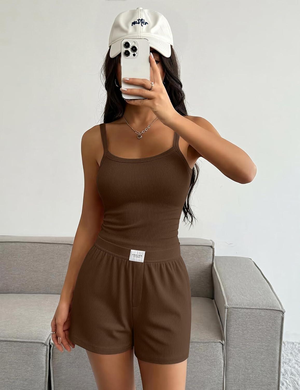 imageEkouaer Lounge Sets for Women 2 Piece Sleeveless Pajamas Sets Knit Casual Summer Cami Tank Tops and ShortsBrown
