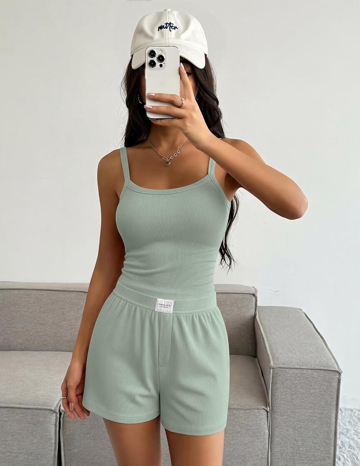 imageEkouaer Lounge Sets for Women 2 Piece Sleeveless Pajamas Sets Knit Casual Summer Cami Tank Tops and ShortsIce Green