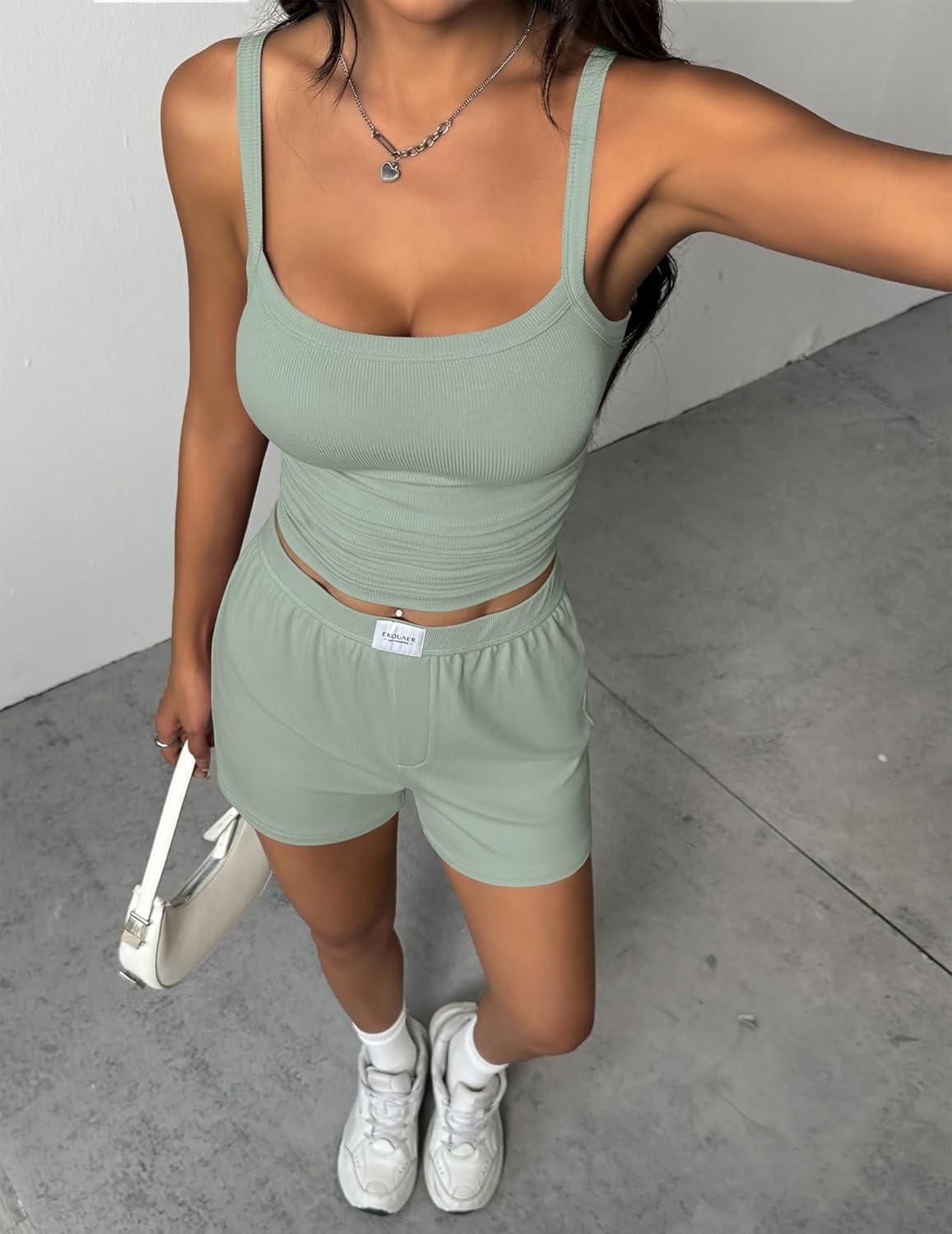 imageEkouaer Lounge Sets for Women 2 Piece Sleeveless Pajamas Sets Knit Casual Summer Cami Tank Tops and ShortsIce Green