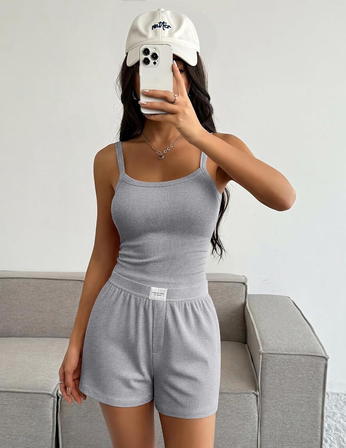 imageEkouaer Lounge Sets for Women 2 Piece Sleeveless Pajamas Sets Knit Casual Summer Cami Tank Tops and ShortsLight Gray