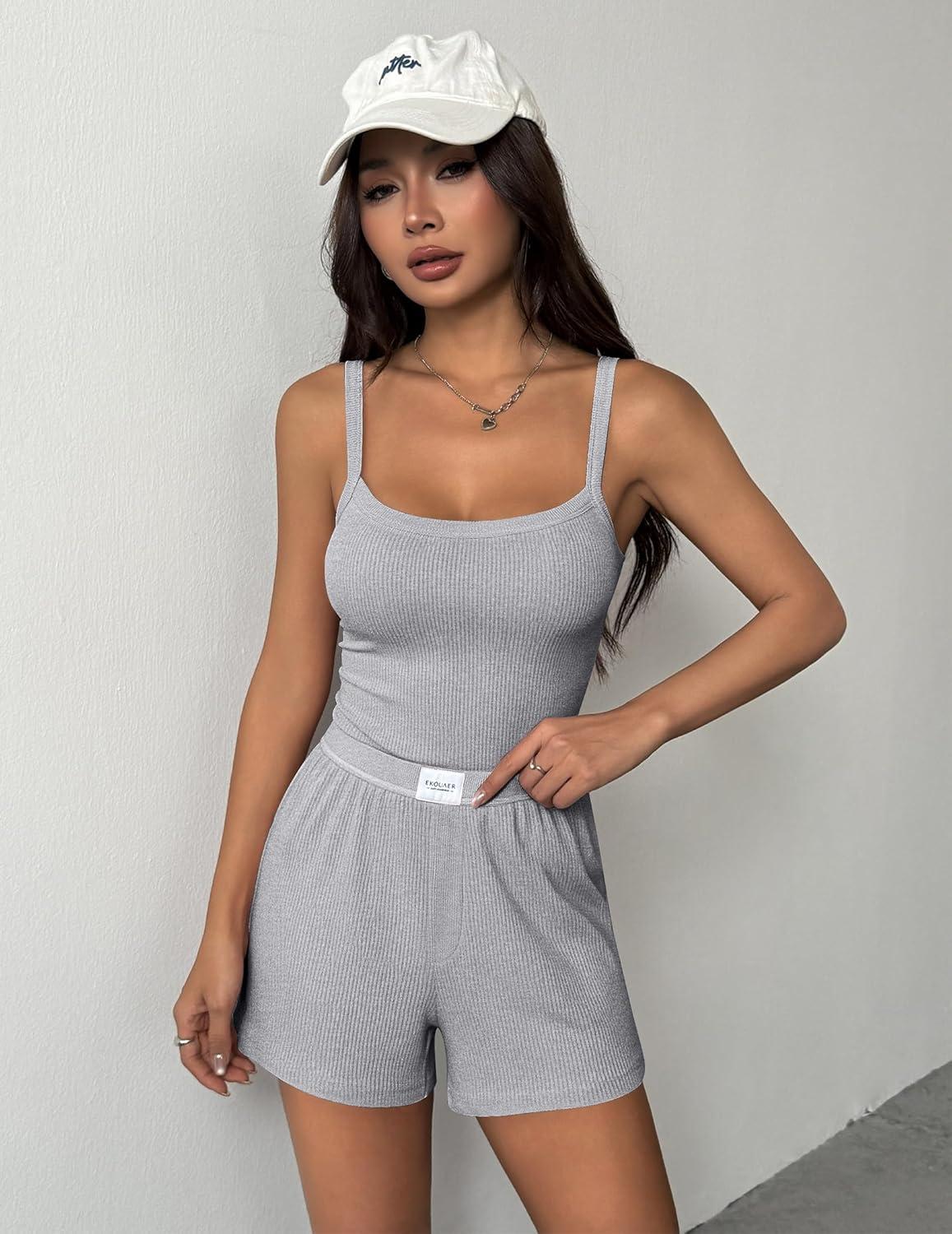 imageEkouaer Lounge Sets for Women 2 Piece Sleeveless Pajamas Sets Knit Casual Summer Cami Tank Tops and ShortsLight Gray