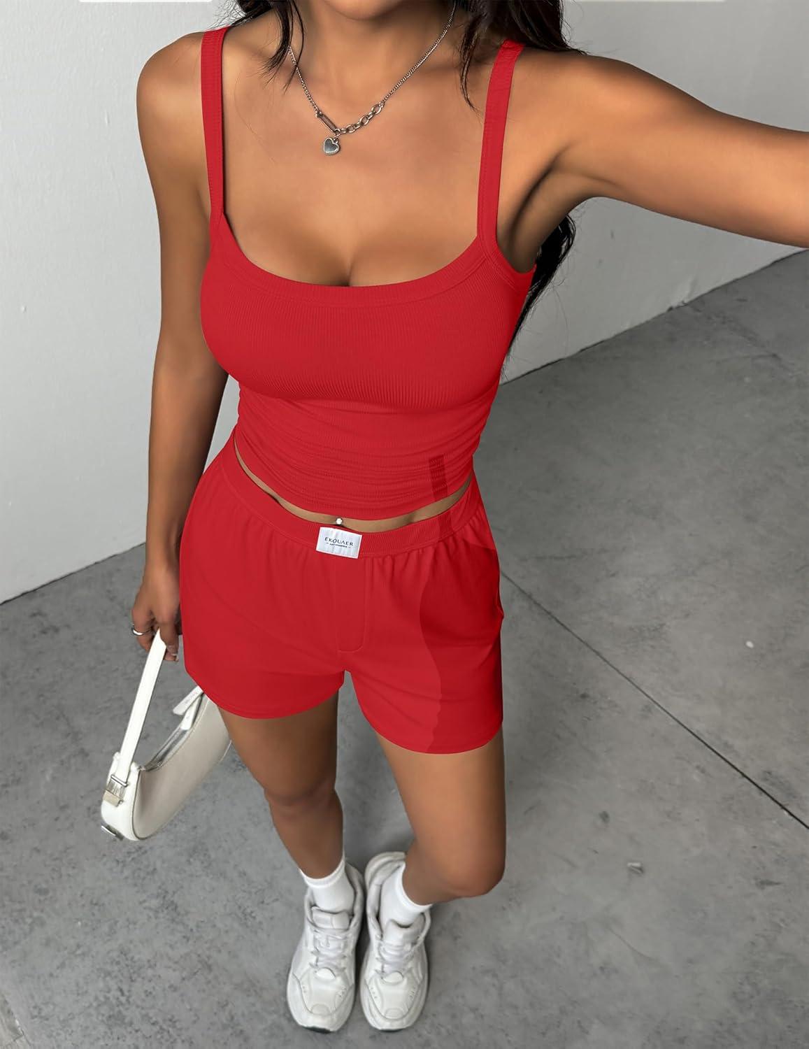 imageEkouaer Lounge Sets for Women 2 Piece Sleeveless Pajamas Sets Knit Casual Summer Cami Tank Tops and ShortsRed