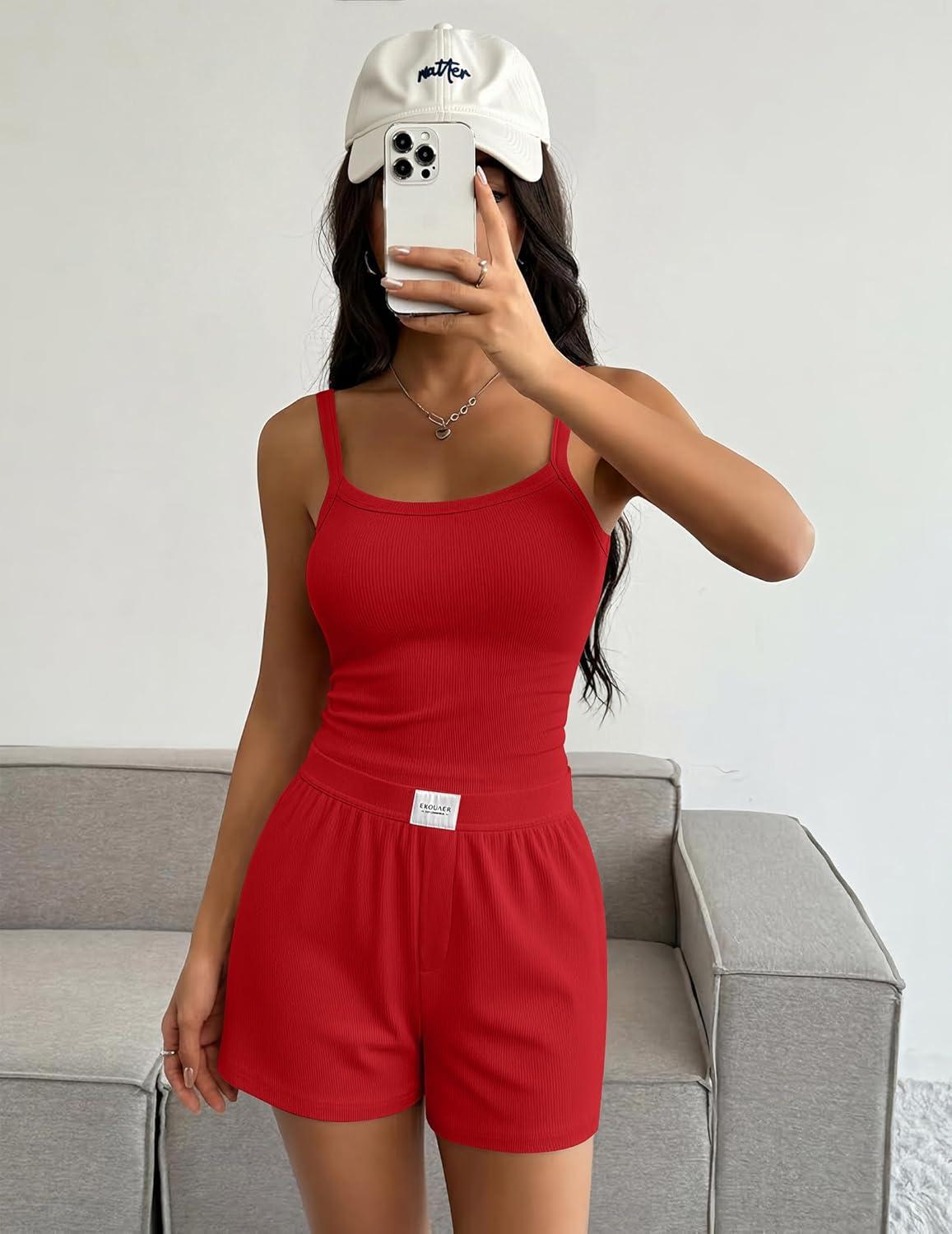 imageEkouaer Lounge Sets for Women 2 Piece Sleeveless Pajamas Sets Knit Casual Summer Cami Tank Tops and ShortsRed