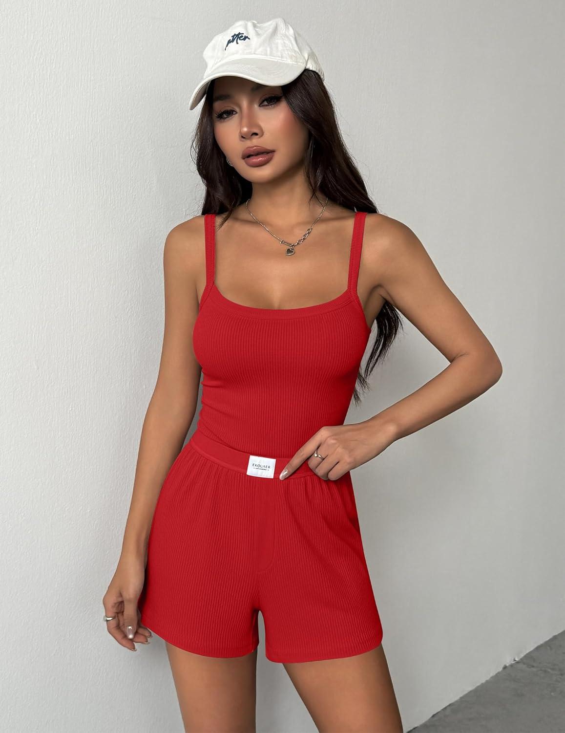 imageEkouaer Lounge Sets for Women 2 Piece Sleeveless Pajamas Sets Knit Casual Summer Cami Tank Tops and ShortsRed