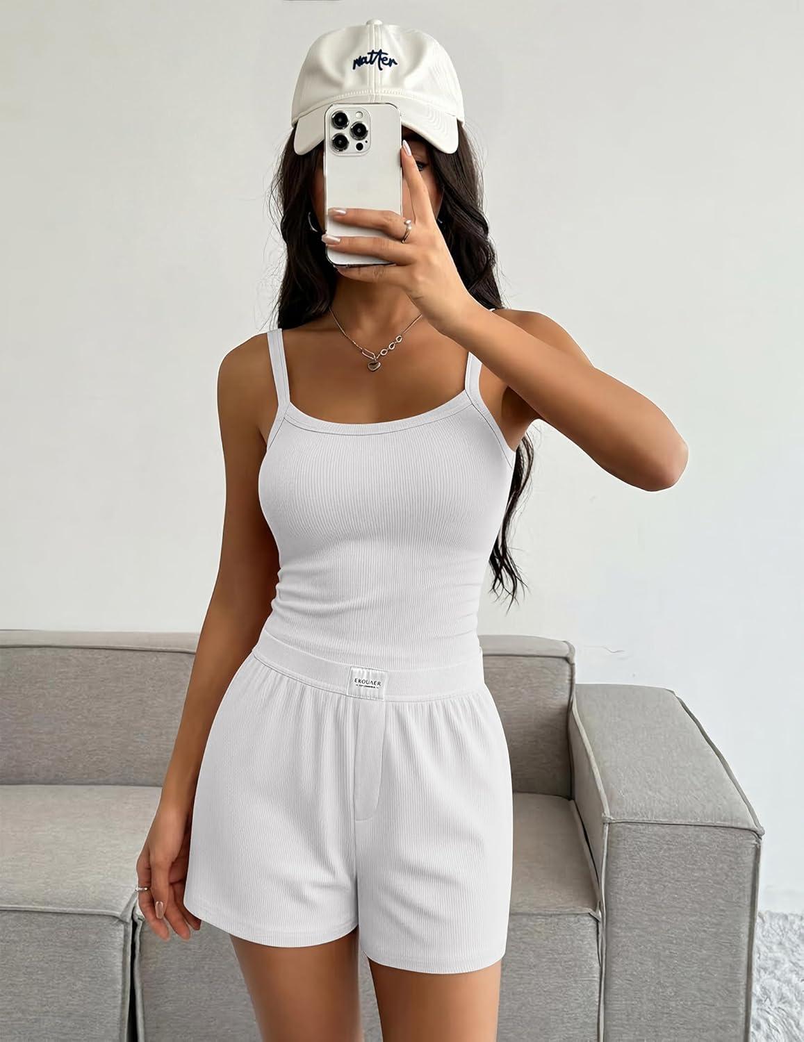 imageEkouaer Lounge Sets for Women 2 Piece Sleeveless Pajamas Sets Knit Casual Summer Cami Tank Tops and ShortsWhite