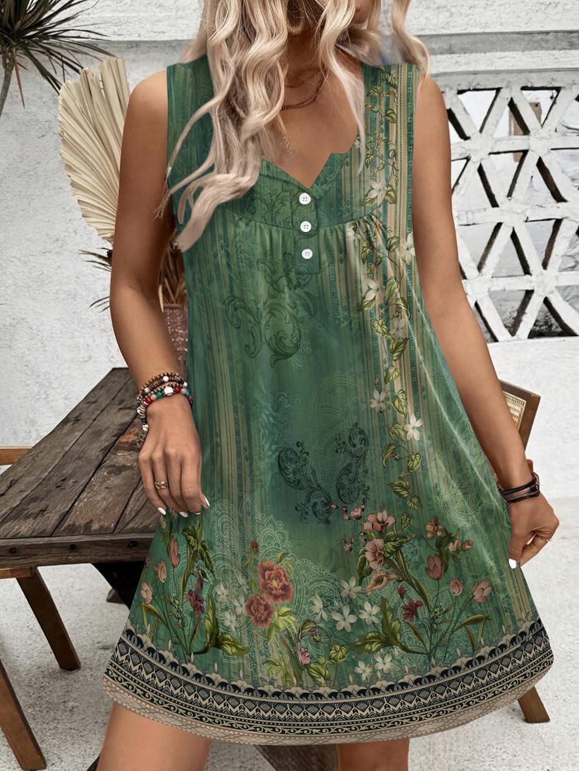 imageEkouaer Nightgown for Women Tank Night Gown Sleeveless Sleep Shirt Button Night Shirt with Pockets Soft Sleep DressAfloral Green