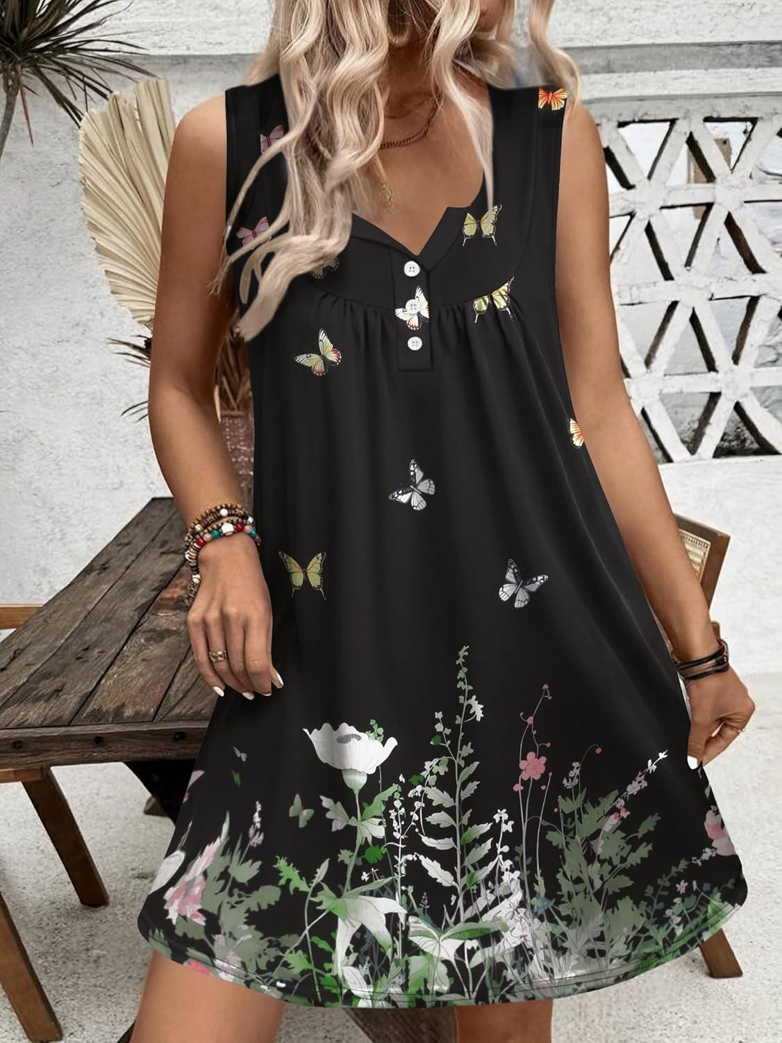 imageEkouaer Nightgown for Women Tank Night Gown Sleeveless Sleep Shirt Button Night Shirt with Pockets Soft Sleep DressButterfly Black