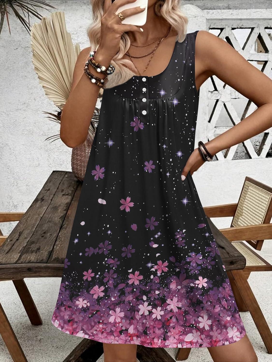 imageEkouaer Nightgown for Women Tank Night Gown Sleeveless Sleep Shirt Button Night Shirt with Pockets Soft Sleep DressCherry Blossoms Black