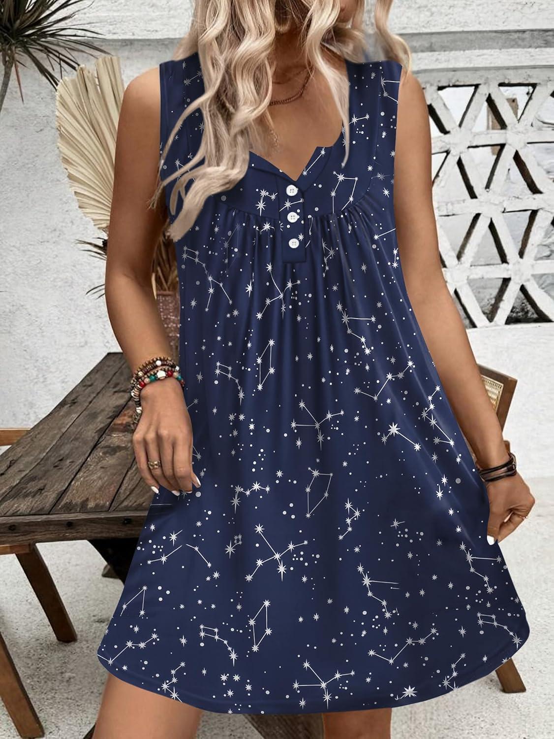 imageEkouaer Nightgown for Women Tank Night Gown Sleeveless Sleep Shirt Button Night Shirt with Pockets Soft Sleep DressConstellation