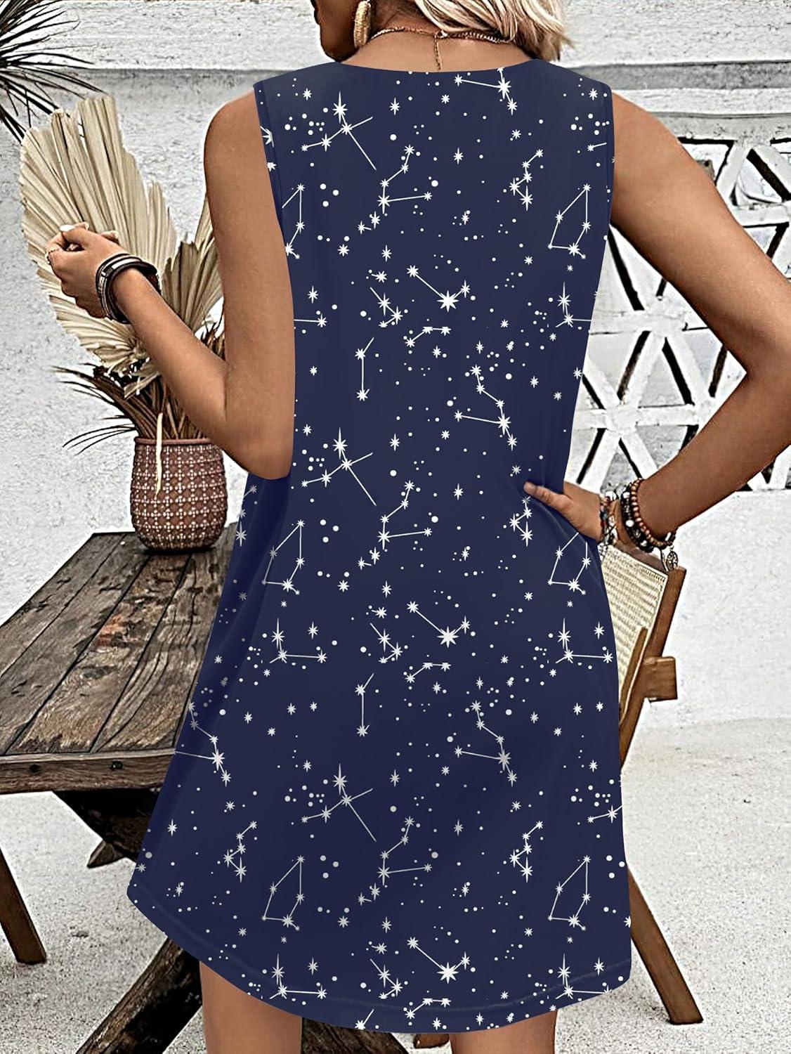 imageEkouaer Nightgown for Women Tank Night Gown Sleeveless Sleep Shirt Button Night Shirt with Pockets Soft Sleep DressConstellation