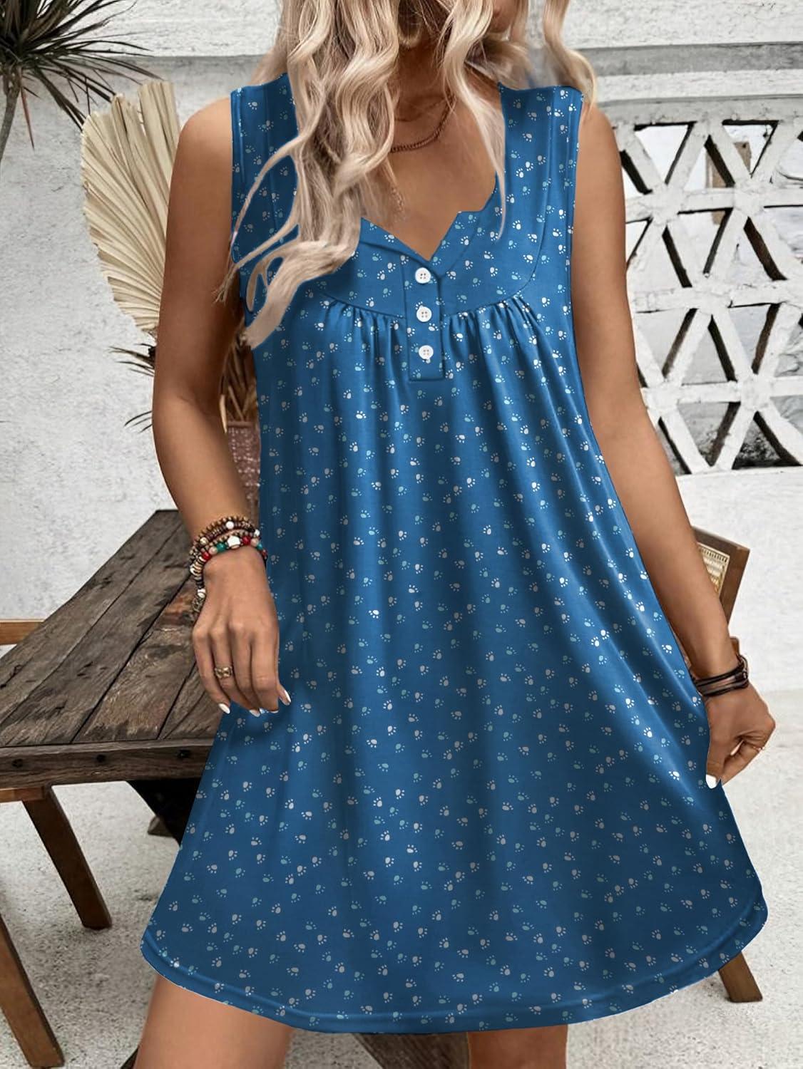 imageEkouaer Nightgown for Women Tank Night Gown Sleeveless Sleep Shirt Button Night Shirt with Pockets Soft Sleep DressDog Footprints Blue