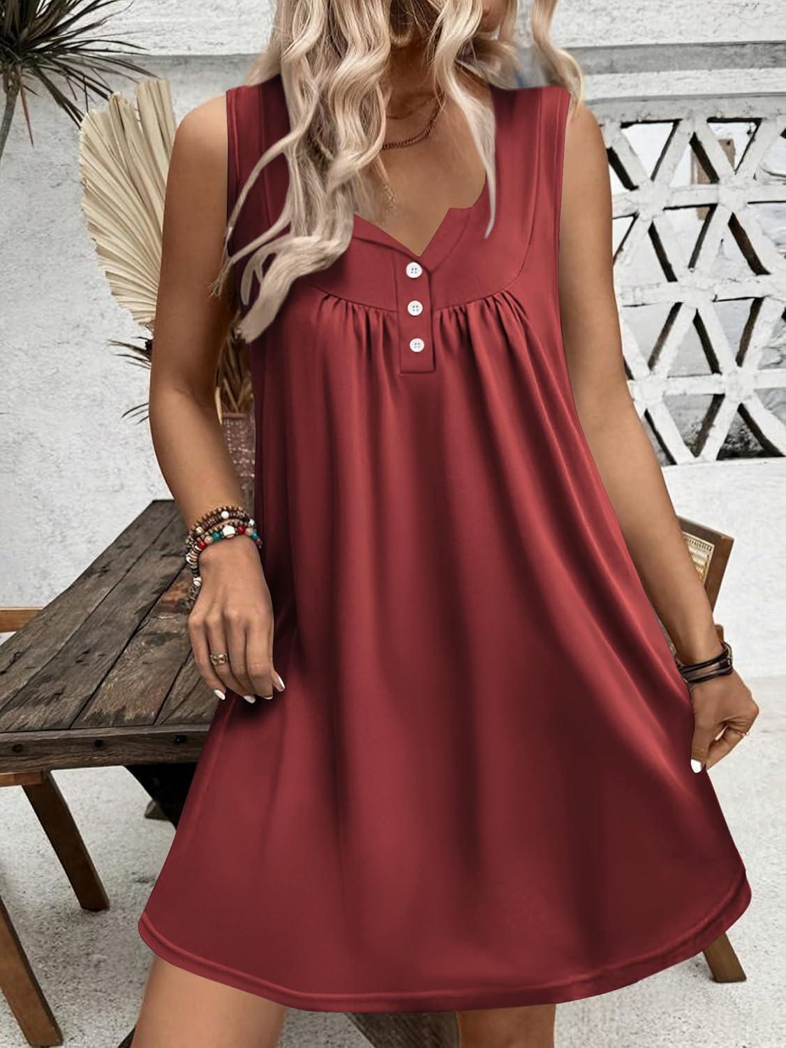 imageEkouaer Nightgown for Women Tank Night Gown Sleeveless Sleep Shirt Button Night Shirt with Pockets Soft Sleep DressWine Red