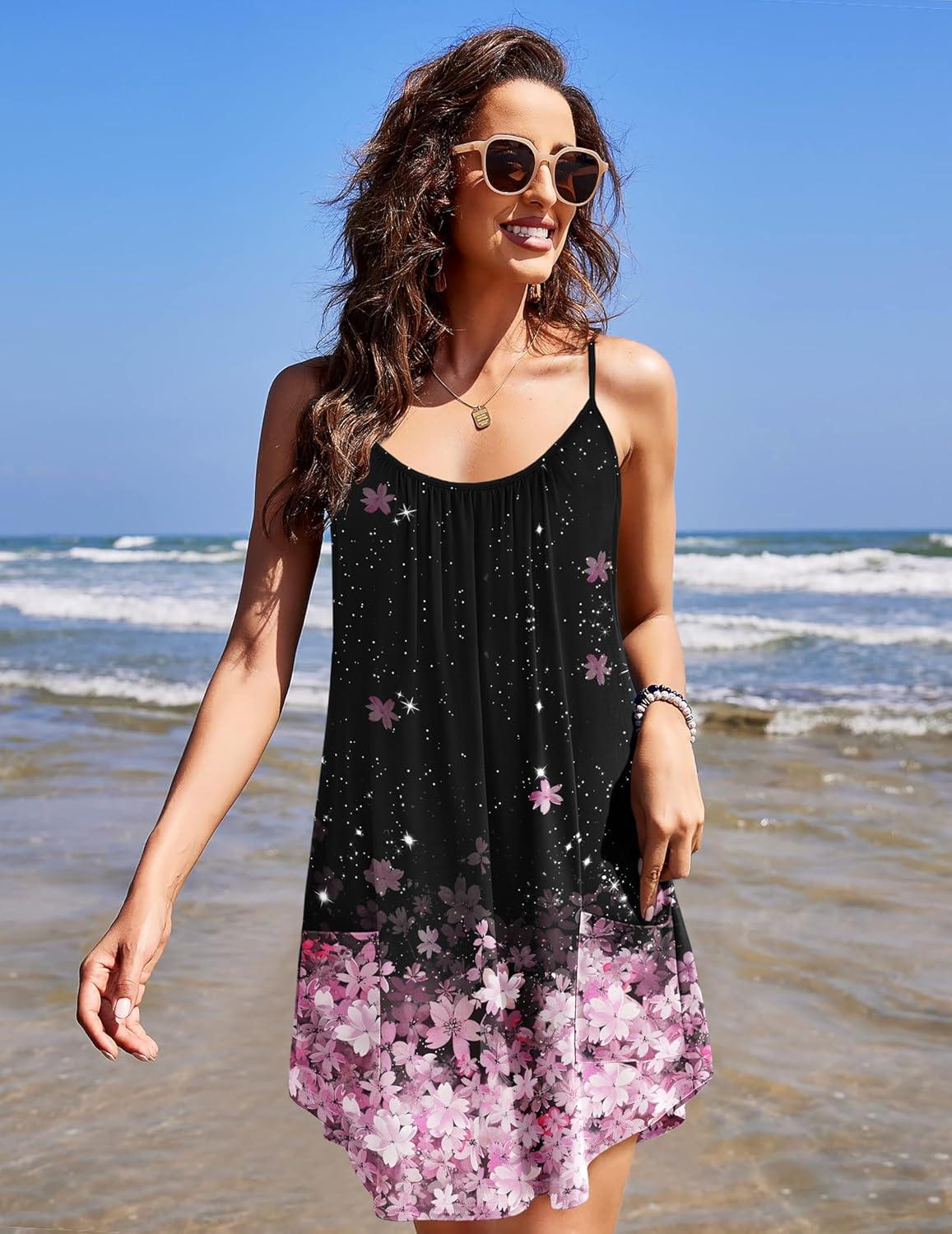imageEkouaer Nightgowns for Women Spaghetti Strap Sleepwear Sleeveless Sleep Dress with PocketsCherry Blossoms