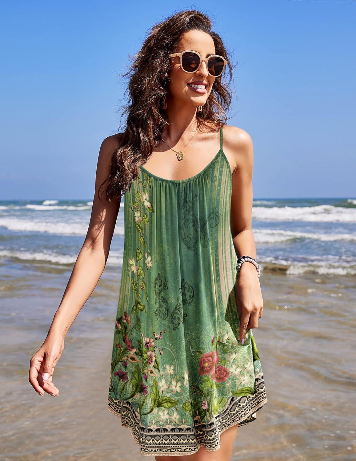 imageEkouaer Nightgowns for Women Spaghetti Strap Sleepwear Sleeveless Sleep Dress with PocketsFloral Green