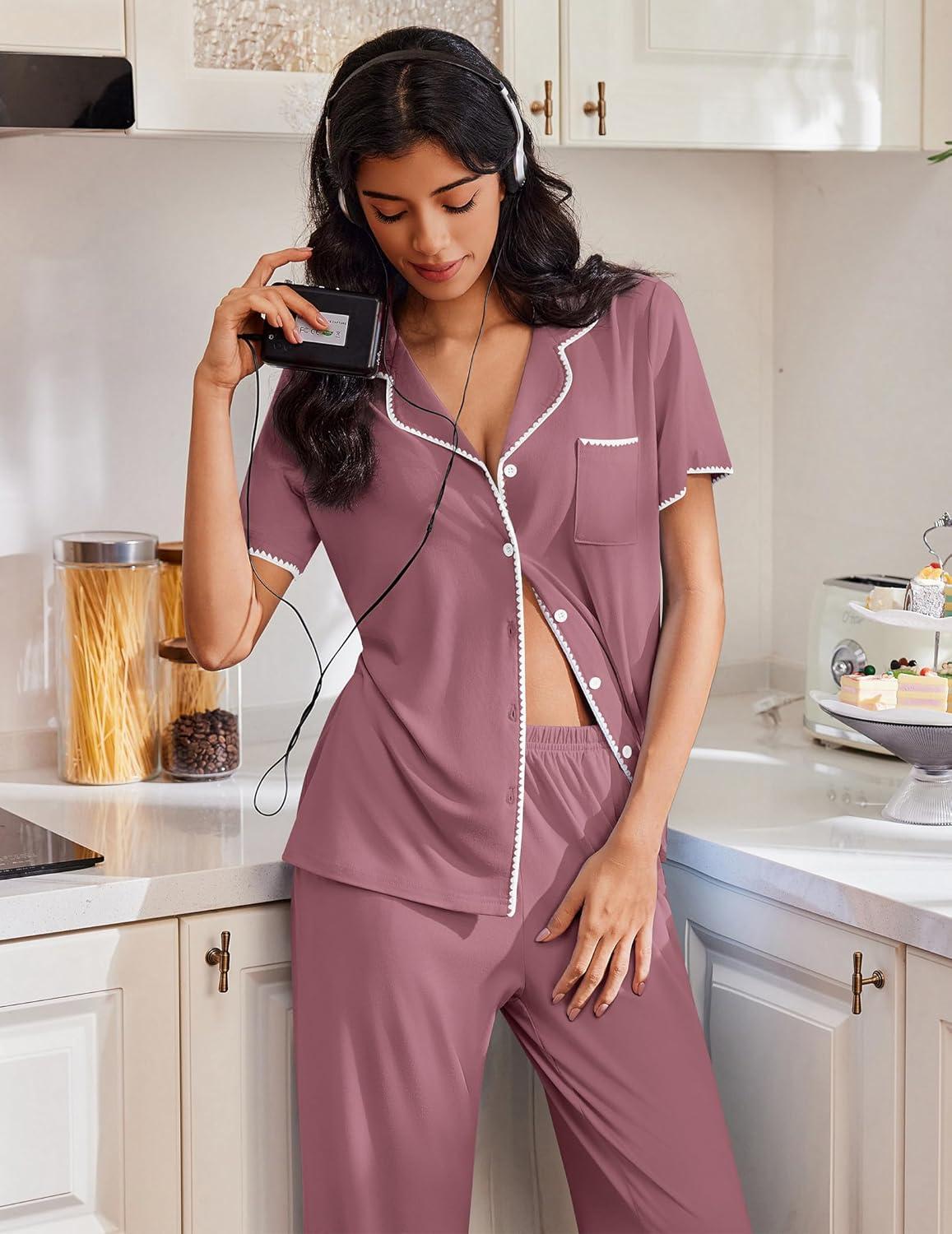 imageEkouaer Pajamas for Women Set Button Up Soft Pjs Short Sleeve 2 Piece Lounge Sets Comfy SleepwearDusty Mauve