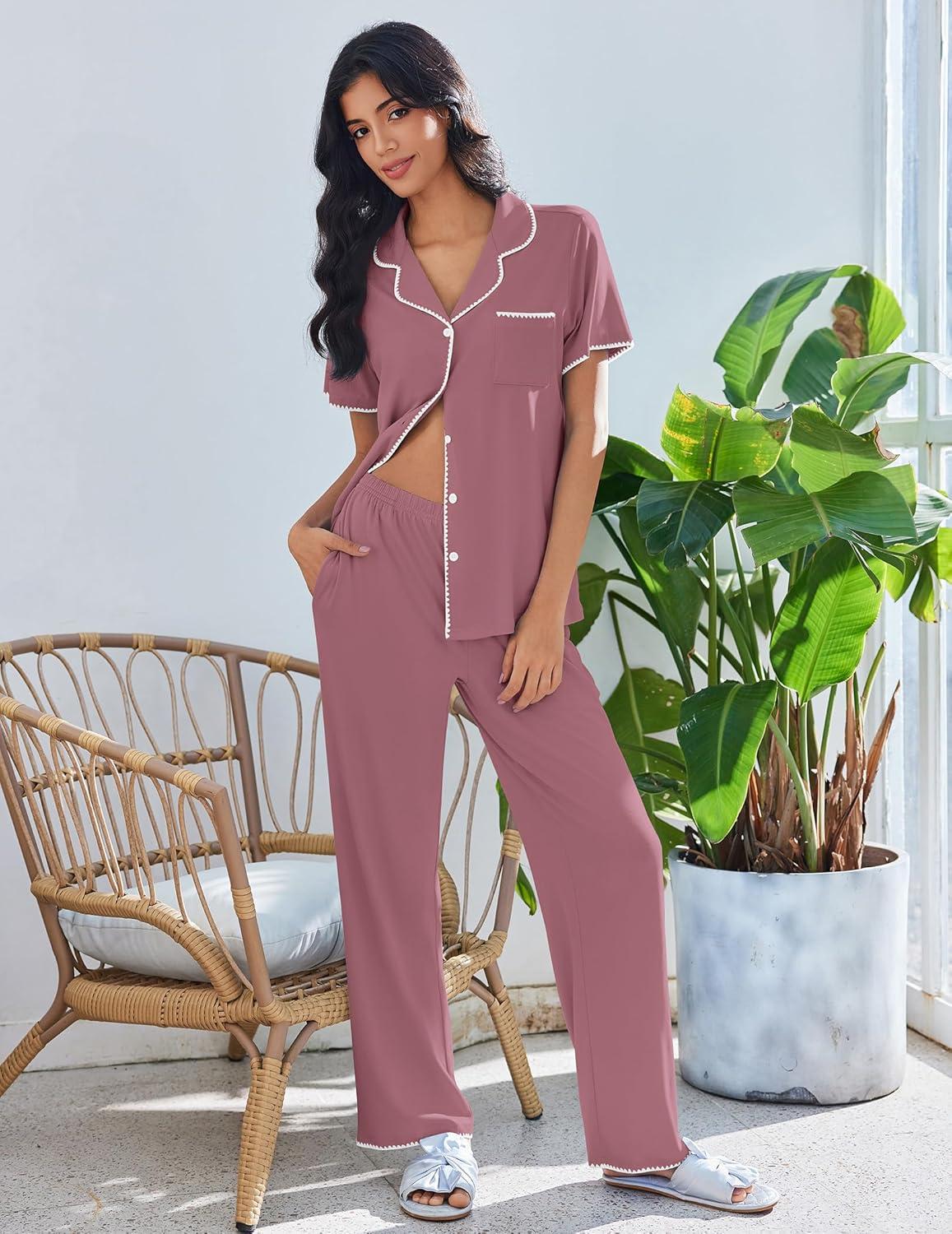 imageEkouaer Pajamas for Women Set Button Up Soft Pjs Short Sleeve 2 Piece Lounge Sets Comfy SleepwearDusty Mauve
