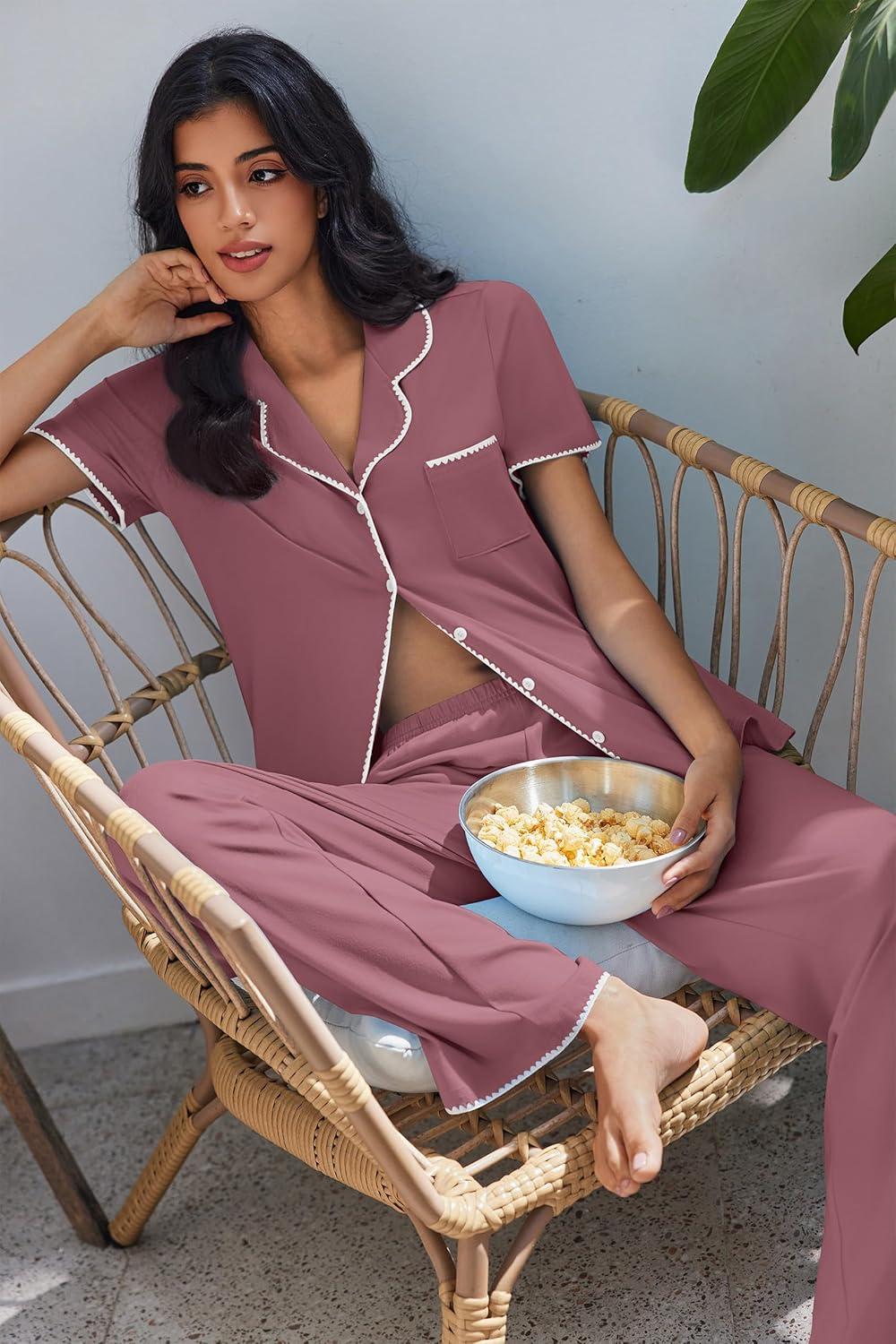 imageEkouaer Pajamas for Women Set Button Up Soft Pjs Short Sleeve 2 Piece Lounge Sets Comfy SleepwearDusty Mauve