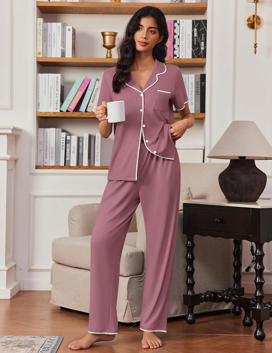 imageEkouaer Pajamas for Women Set Button Up Soft Pjs Short Sleeve 2 Piece Lounge Sets Comfy SleepwearDusty Mauve