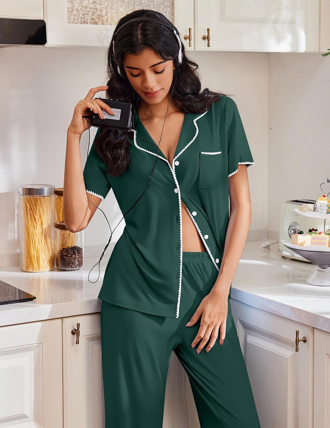 imageEkouaer Pajamas for Women Set Button Up Soft Pjs Short Sleeve 2 Piece Lounge Sets Comfy SleepwearGreen