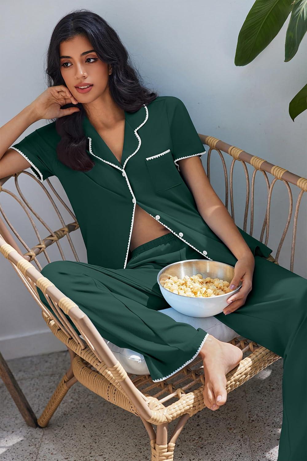 imageEkouaer Pajamas for Women Set Button Up Soft Pjs Short Sleeve 2 Piece Lounge Sets Comfy SleepwearGreen