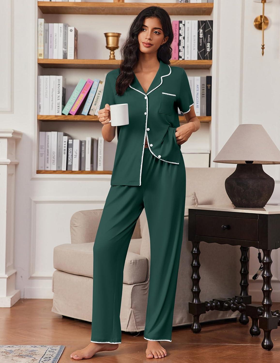 imageEkouaer Pajamas for Women Set Button Up Soft Pjs Short Sleeve 2 Piece Lounge Sets Comfy SleepwearGreen