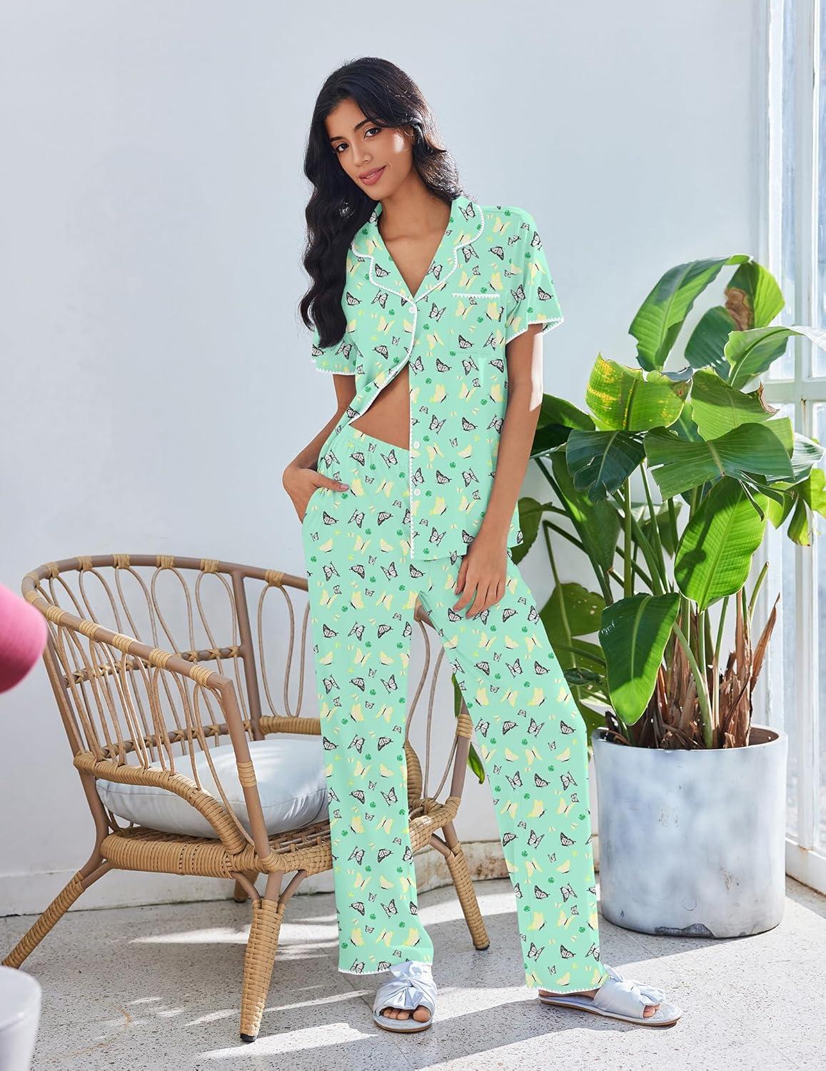 imageEkouaer Pajamas for Women Set Button Up Soft Pjs Short Sleeve 2 Piece Lounge Sets Comfy SleepwearGreen Butterfly