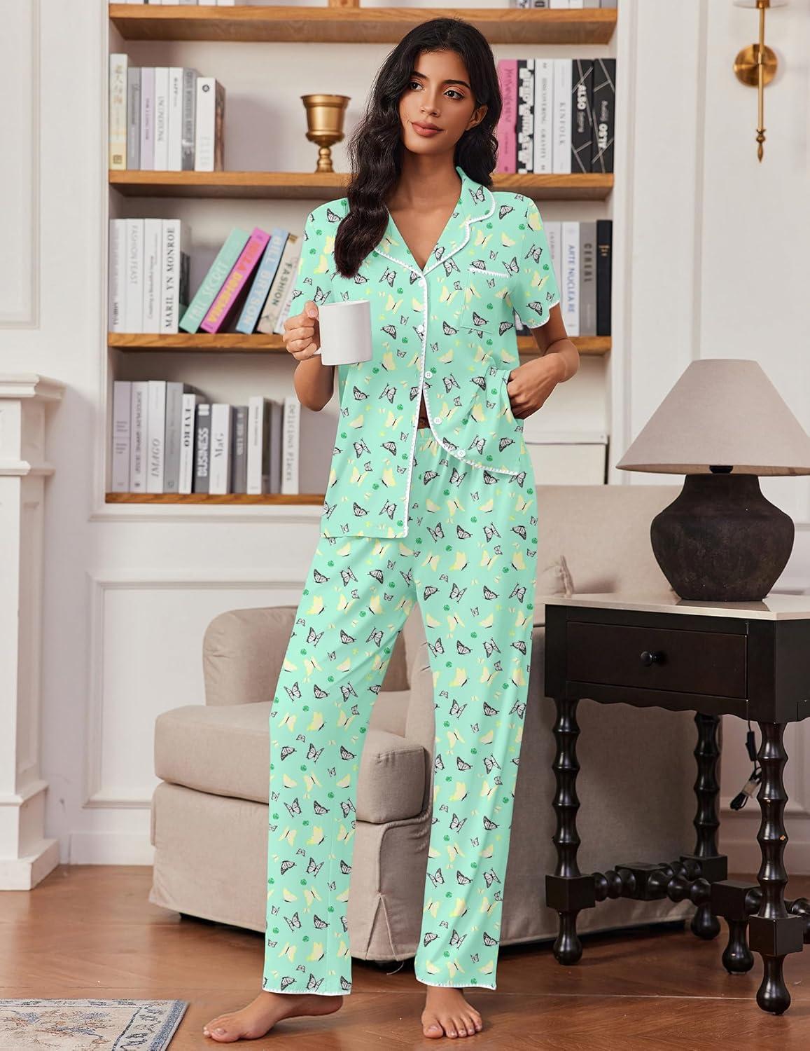 imageEkouaer Pajamas for Women Set Button Up Soft Pjs Short Sleeve 2 Piece Lounge Sets Comfy SleepwearGreen Butterfly