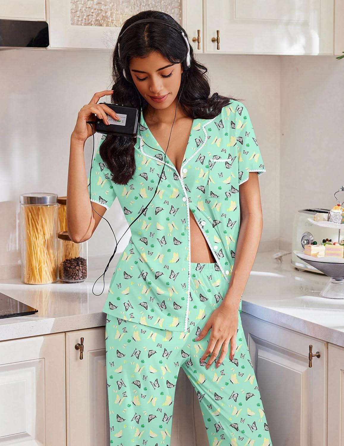 imageEkouaer Pajamas for Women Set Button Up Soft Pjs Short Sleeve 2 Piece Lounge Sets Comfy SleepwearGreen Butterfly