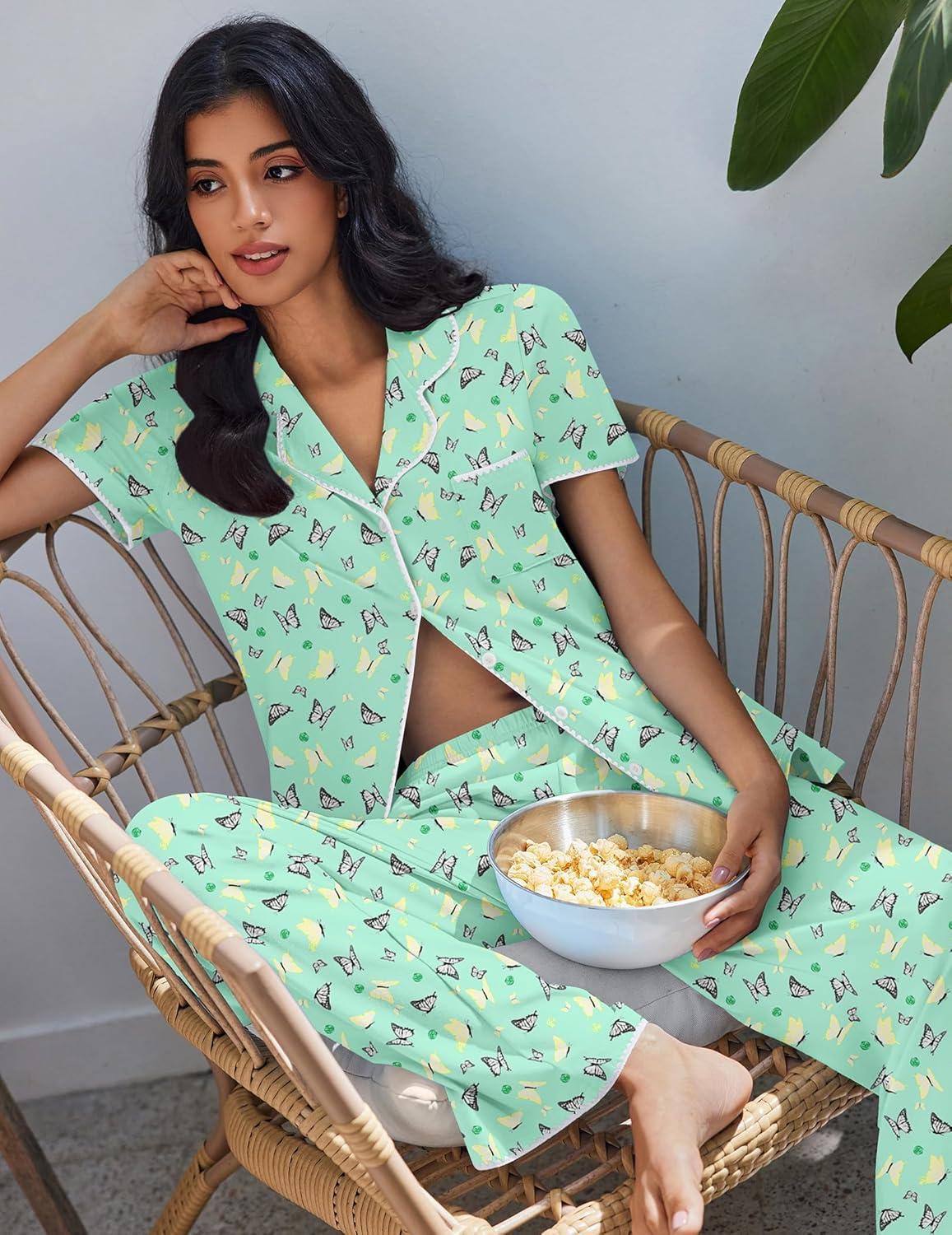 imageEkouaer Pajamas for Women Set Button Up Soft Pjs Short Sleeve 2 Piece Lounge Sets Comfy SleepwearGreen Butterfly