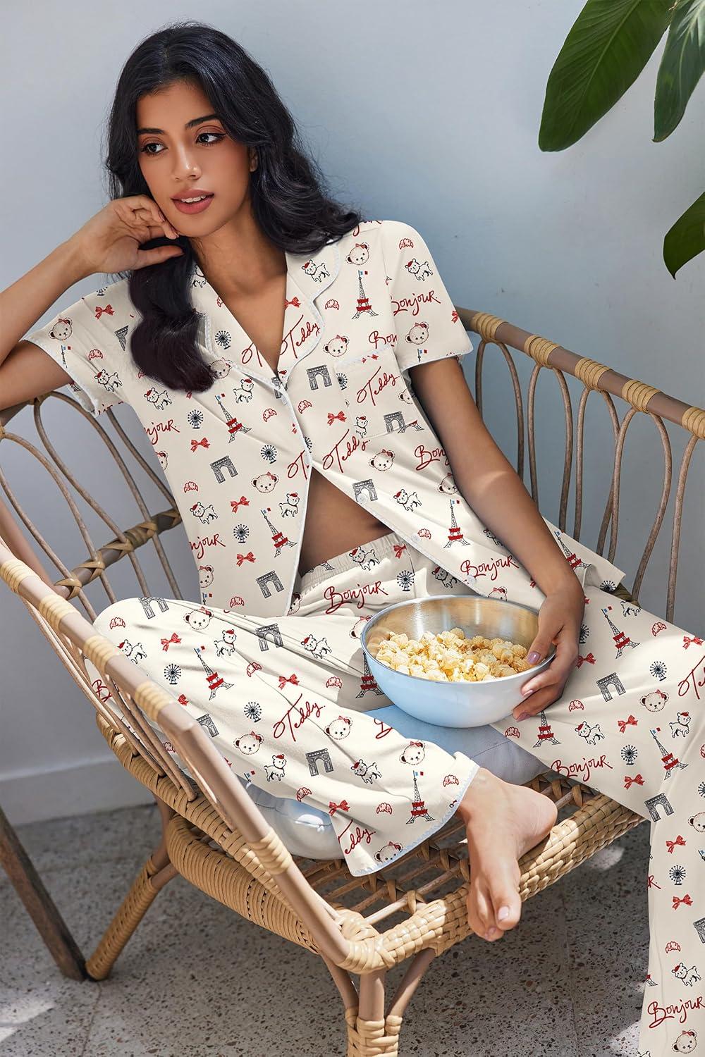 imageEkouaer Pajamas for Women Set Button Up Soft Pjs Short Sleeve 2 Piece Lounge Sets Comfy SleepwearParis Teddy