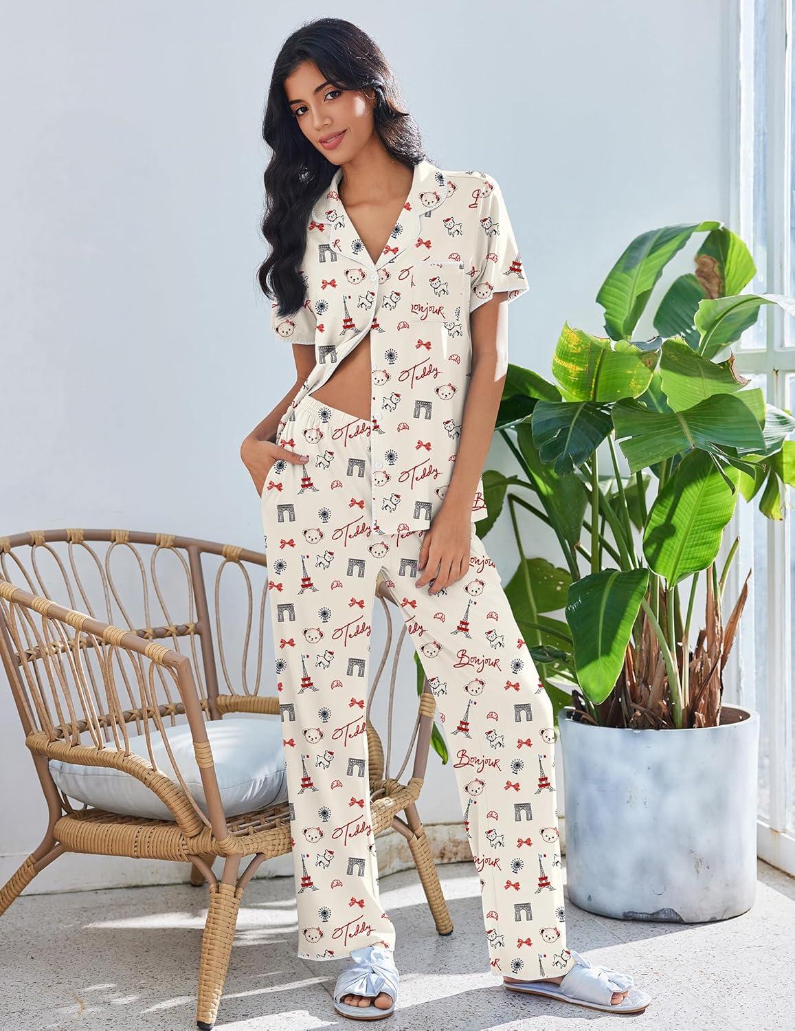 imageEkouaer Pajamas for Women Set Button Up Soft Pjs Short Sleeve 2 Piece Lounge Sets Comfy SleepwearParis Teddy