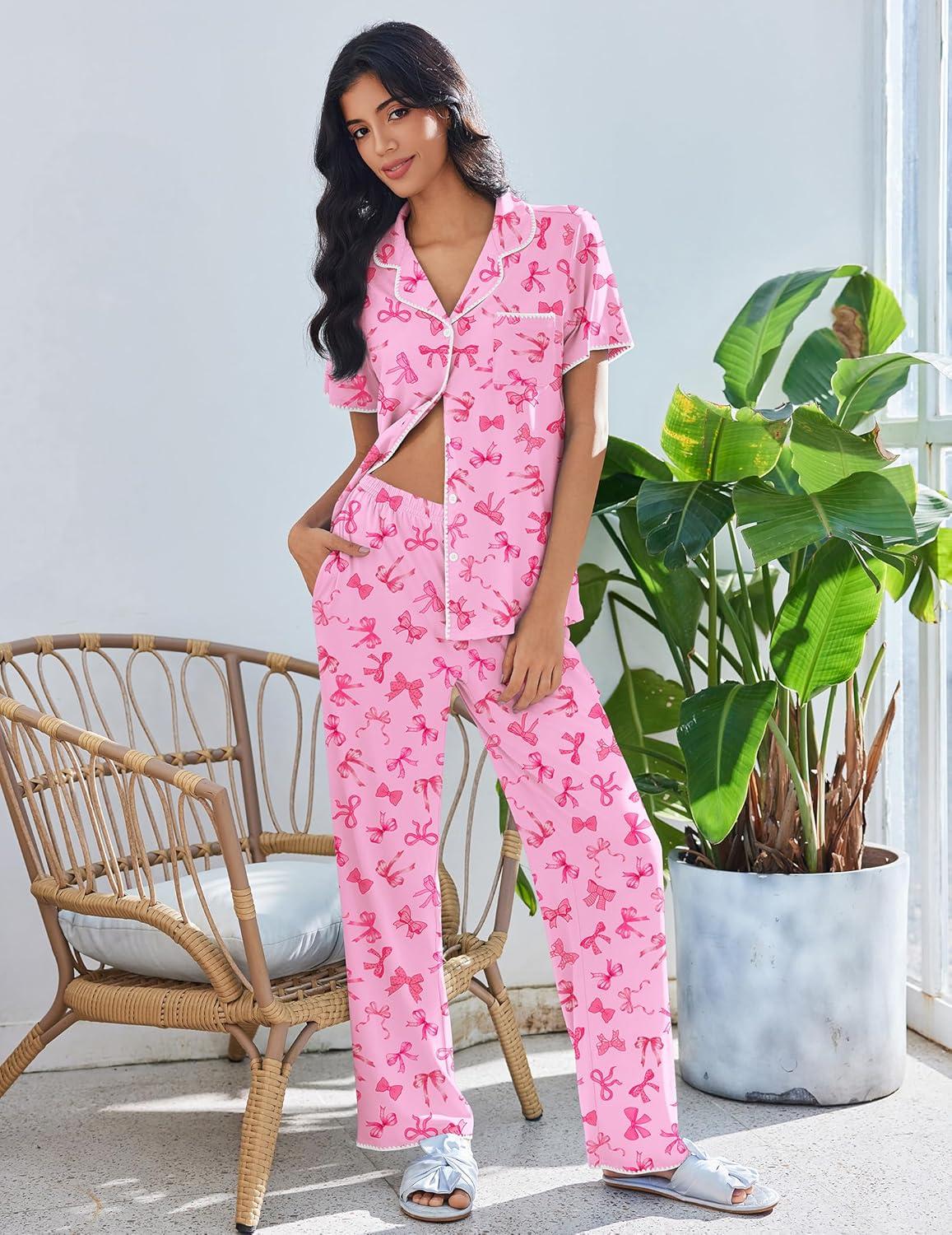 imageEkouaer Pajamas for Women Set Button Up Soft Pjs Short Sleeve 2 Piece Lounge Sets Comfy SleepwearPink Bow Tie