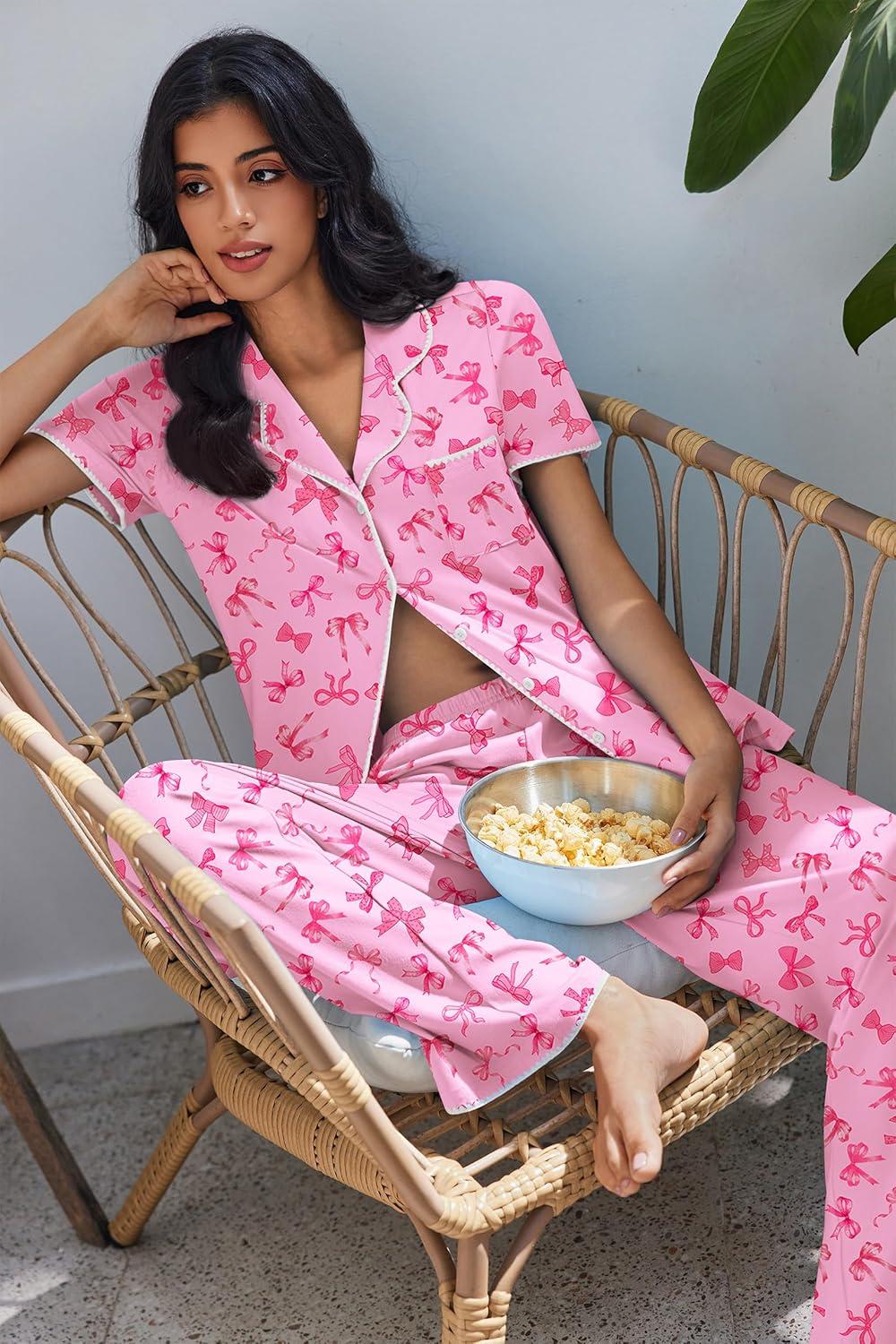 imageEkouaer Pajamas for Women Set Button Up Soft Pjs Short Sleeve 2 Piece Lounge Sets Comfy SleepwearPink Bow Tie