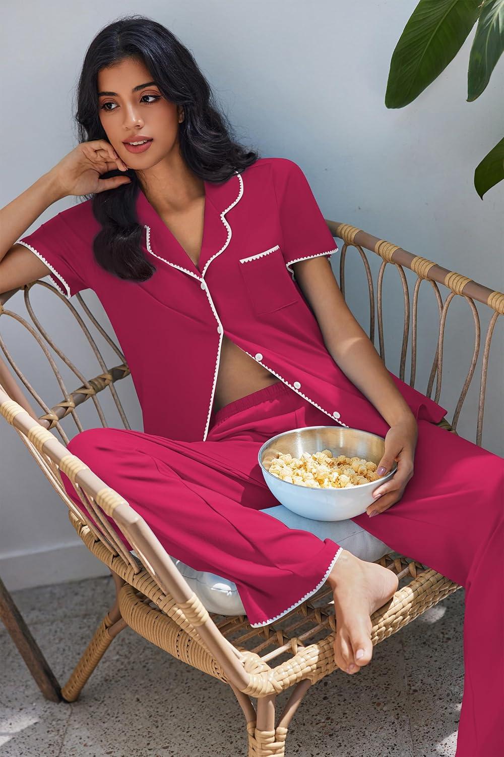 imageEkouaer Pajamas for Women Set Button Up Soft Pjs Short Sleeve 2 Piece Lounge Sets Comfy SleepwearRose Red