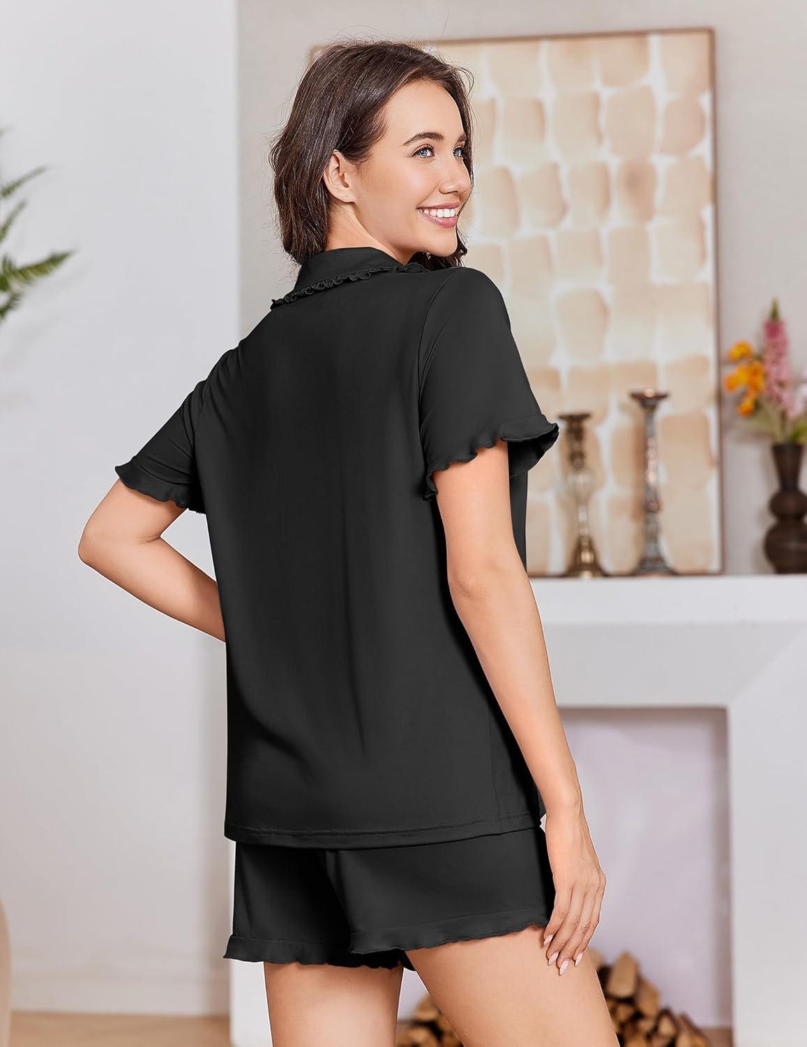 imageEkouaer Pajamas for Women Set Short Sleeve Button Down Pjs Cute Ruffle Sleepwear 2 Piece Soft Lounge SetsBlack