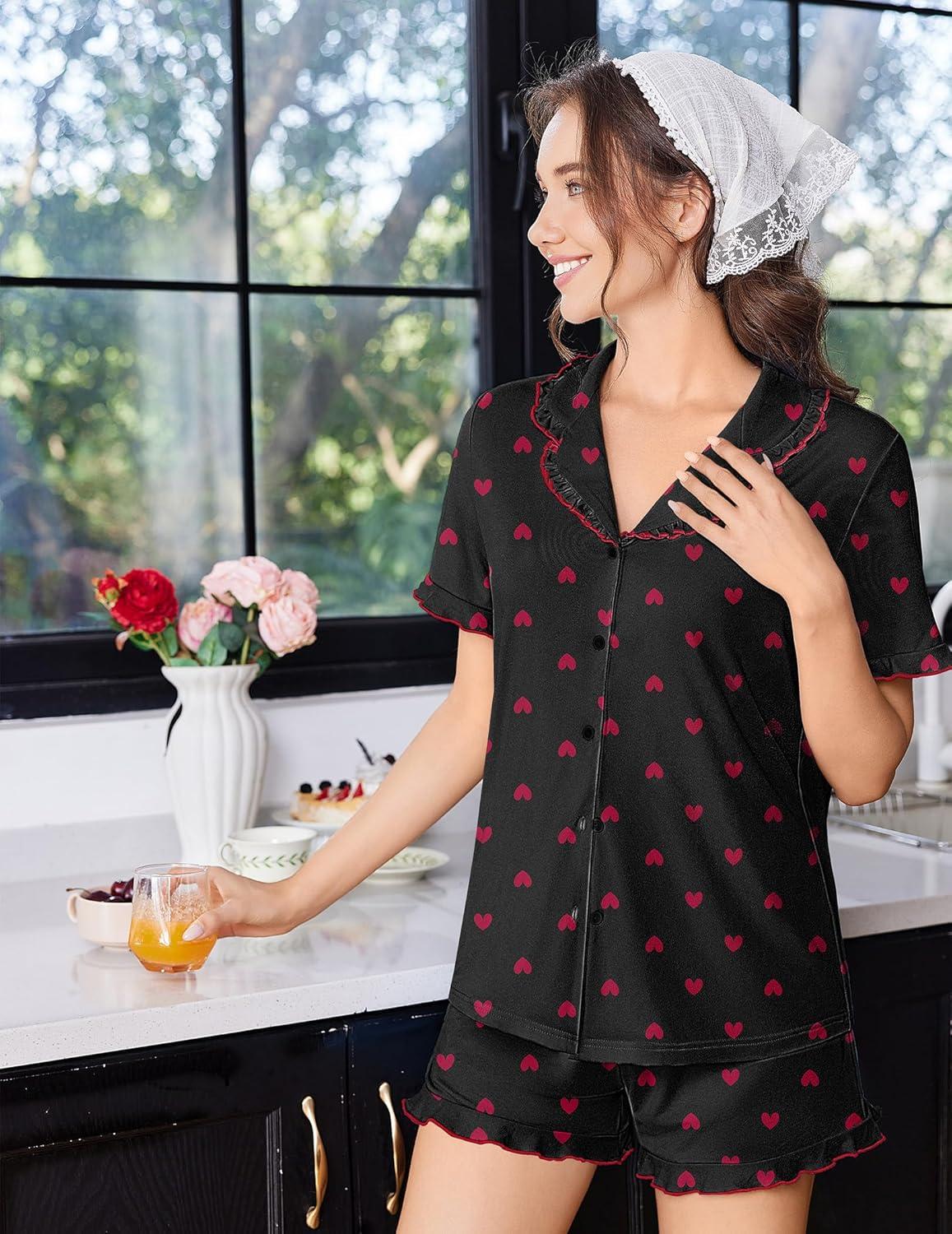 imageEkouaer Pajamas for Women Set Short Sleeve Button Down Pjs Cute Ruffle Sleepwear 2 Piece Soft Lounge SetsBlack Heart