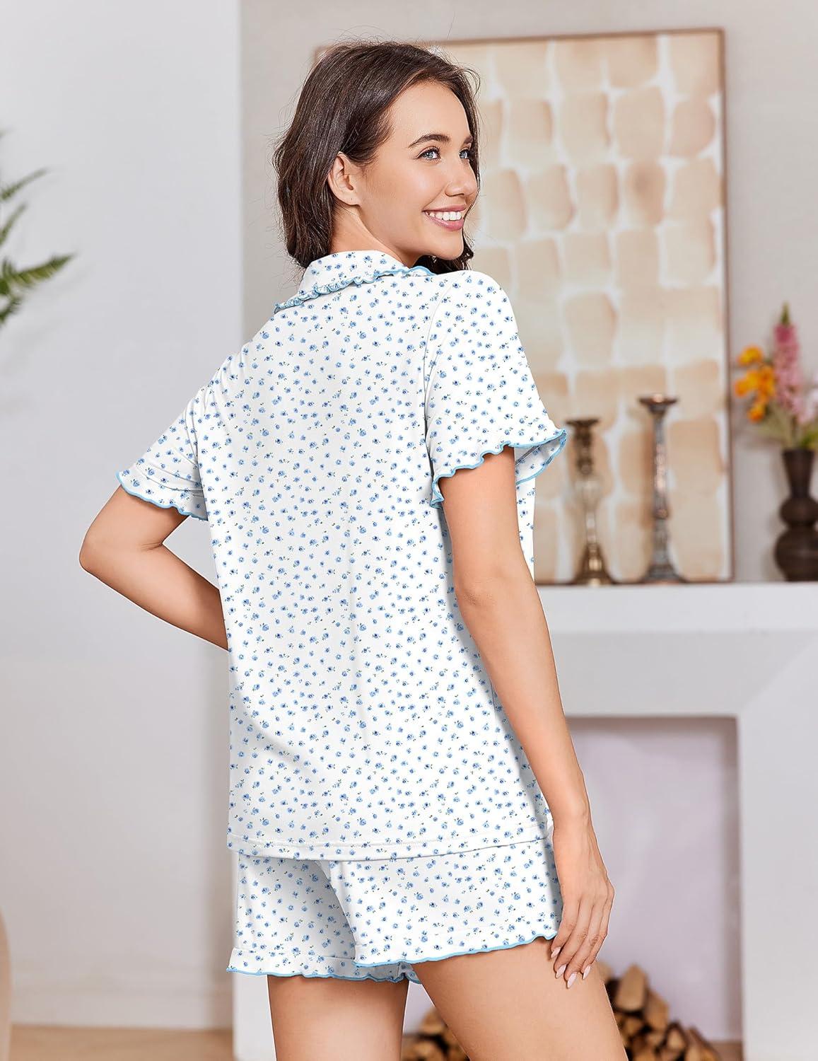 imageEkouaer Pajamas for Women Set Short Sleeve Button Down Pjs Cute Ruffle Sleepwear 2 Piece Soft Lounge SetsBlue Floral