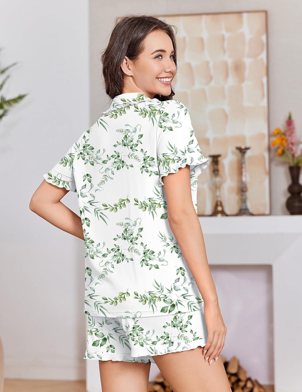 imageEkouaer Pajamas for Women Set Short Sleeve Button Down Pjs Cute Ruffle Sleepwear 2 Piece Soft Lounge SetsGreen Leaves