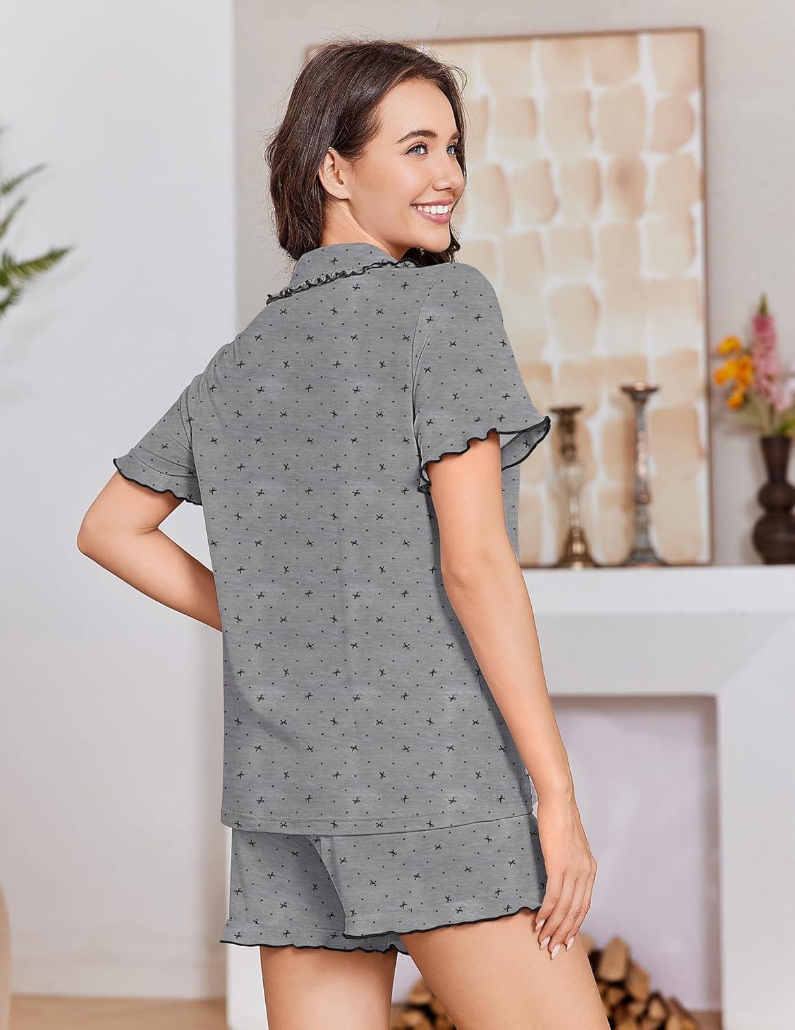 imageEkouaer Pajamas for Women Set Short Sleeve Button Down Pjs Cute Ruffle Sleepwear 2 Piece Soft Lounge SetsGrey Bow