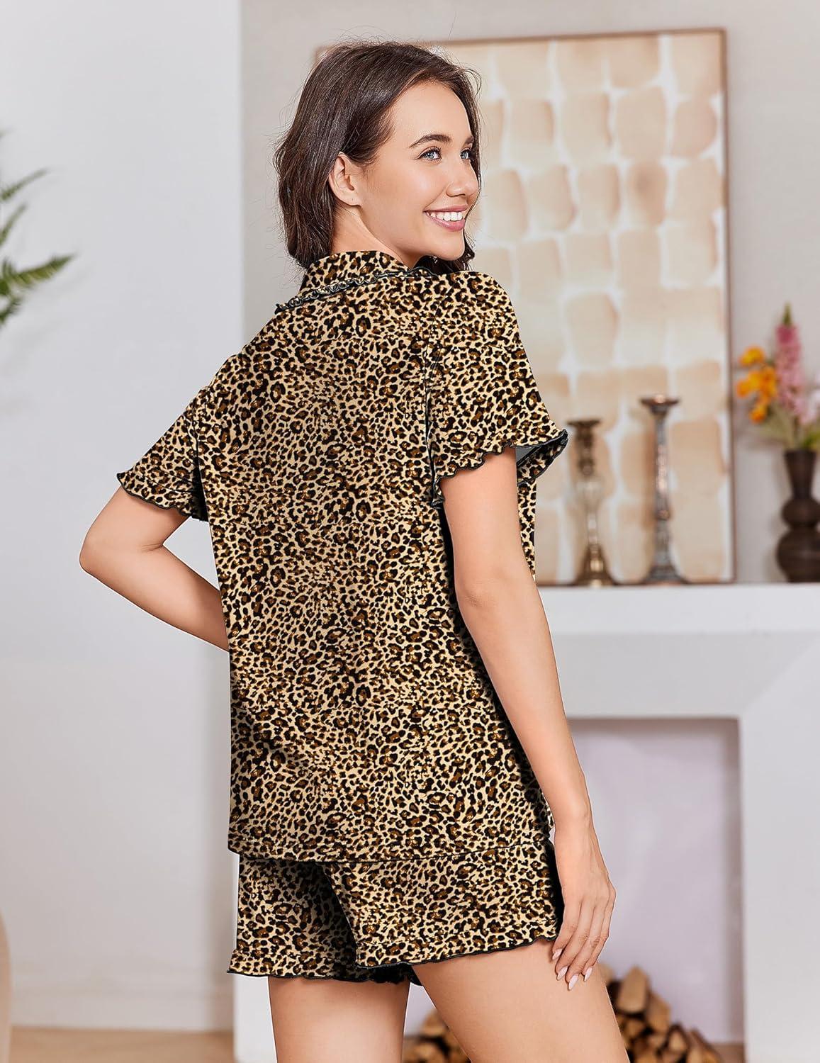 imageEkouaer Pajamas for Women Set Short Sleeve Button Down Pjs Cute Ruffle Sleepwear 2 Piece Soft Lounge SetsLeopard