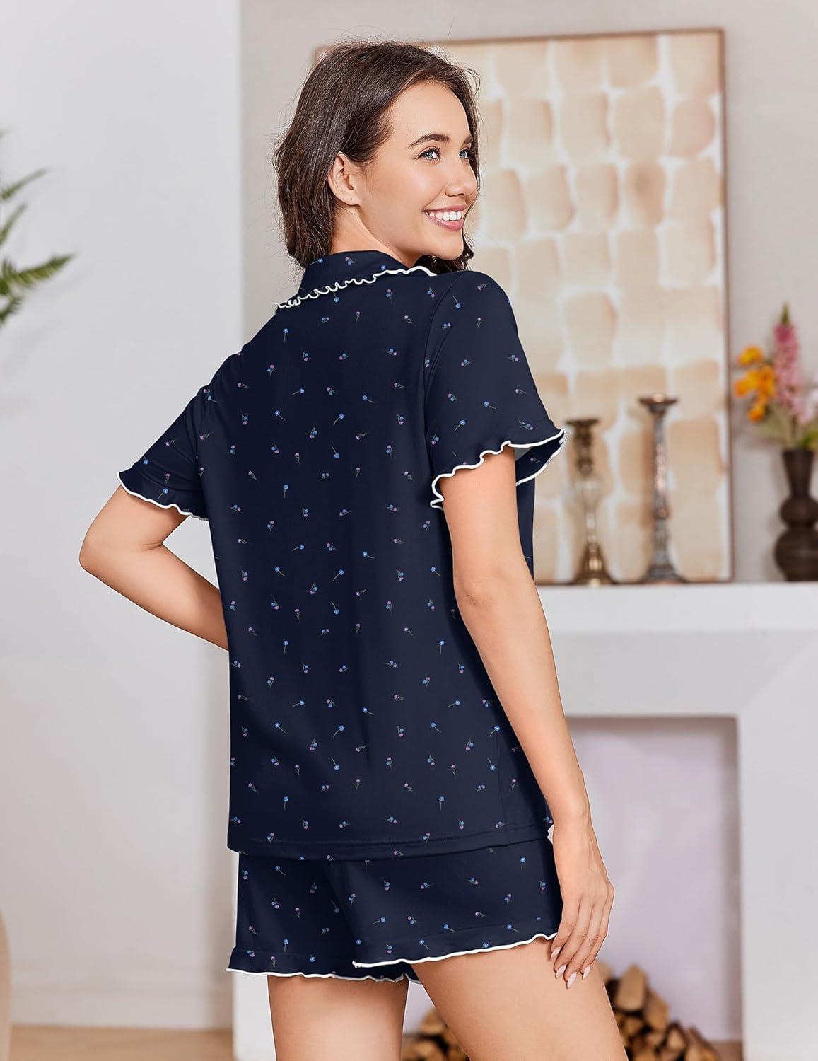 imageEkouaer Pajamas for Women Set Short Sleeve Button Down Pjs Cute Ruffle Sleepwear 2 Piece Soft Lounge SetsNavy Floral