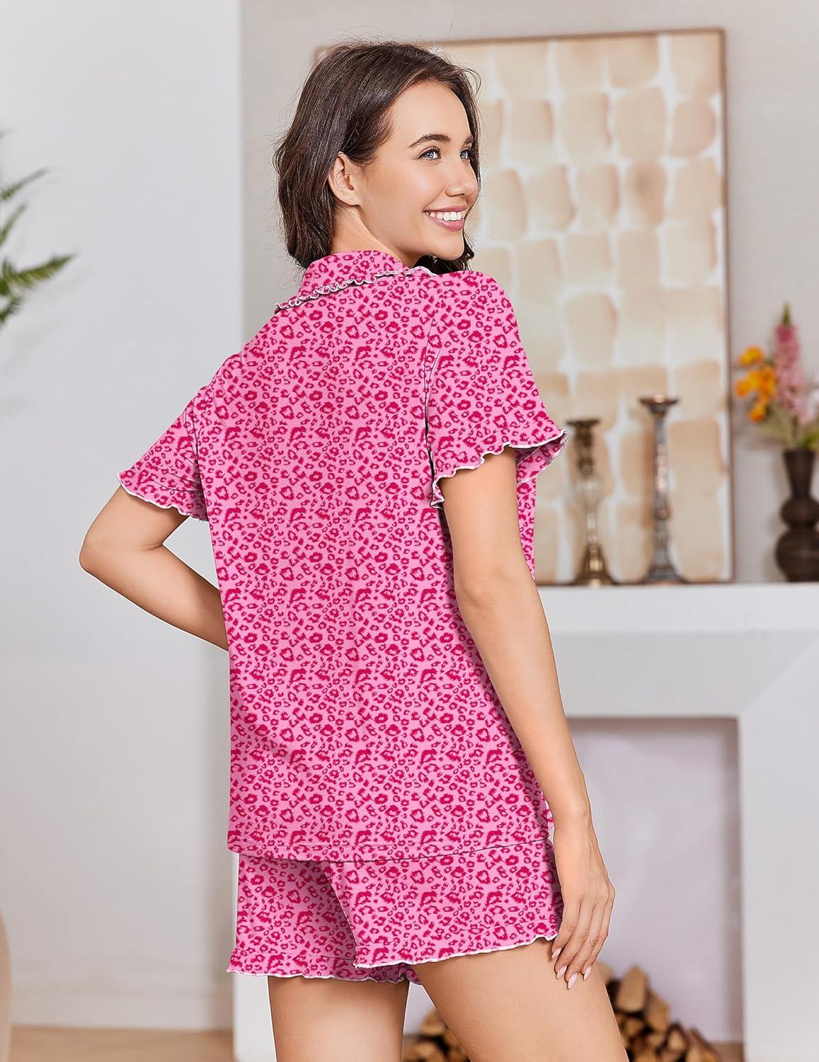 imageEkouaer Pajamas for Women Set Short Sleeve Button Down Pjs Cute Ruffle Sleepwear 2 Piece Soft Lounge SetsPink Leopard