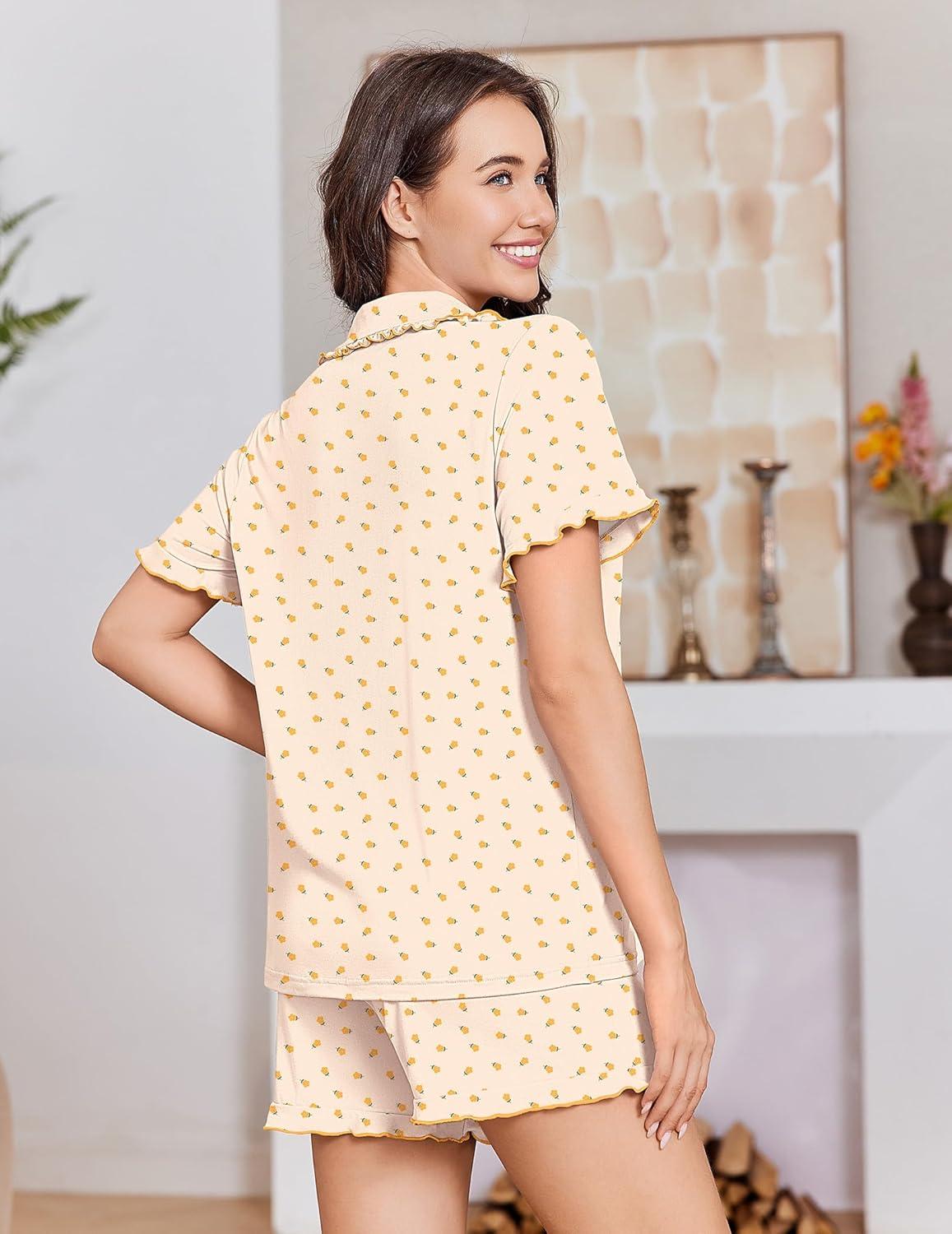 imageEkouaer Pajamas for Women Set Short Sleeve Button Down Pjs Cute Ruffle Sleepwear 2 Piece Soft Lounge SetsYellow Floral